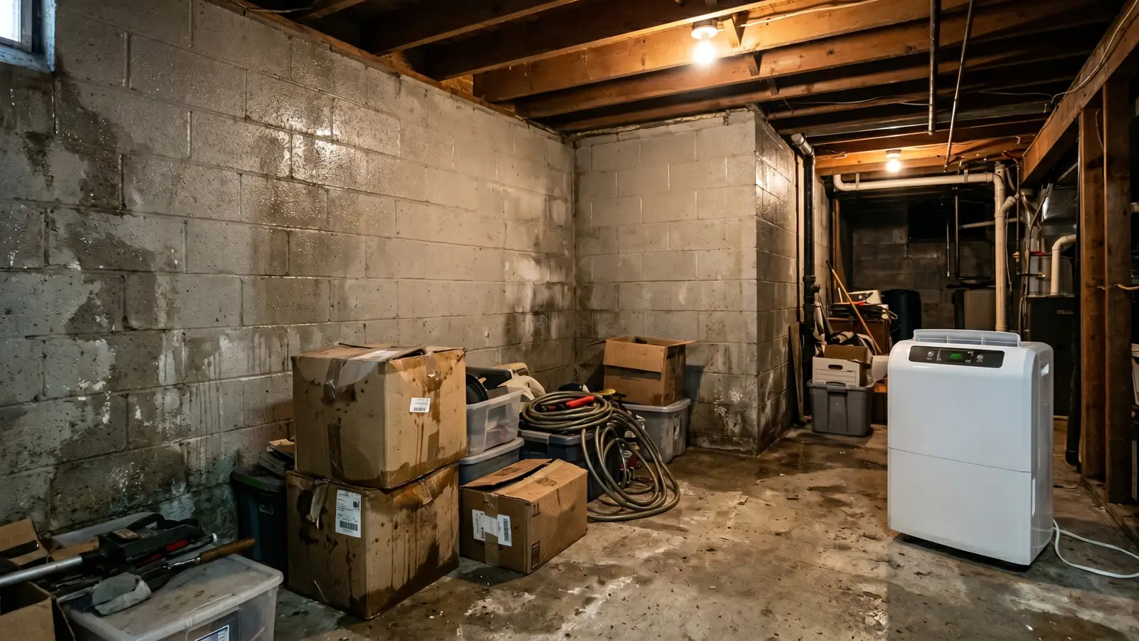 Damp unfinished basement with moisture-stained concrete walls, waterlogged boxes, and a dehumidifier running in the corner