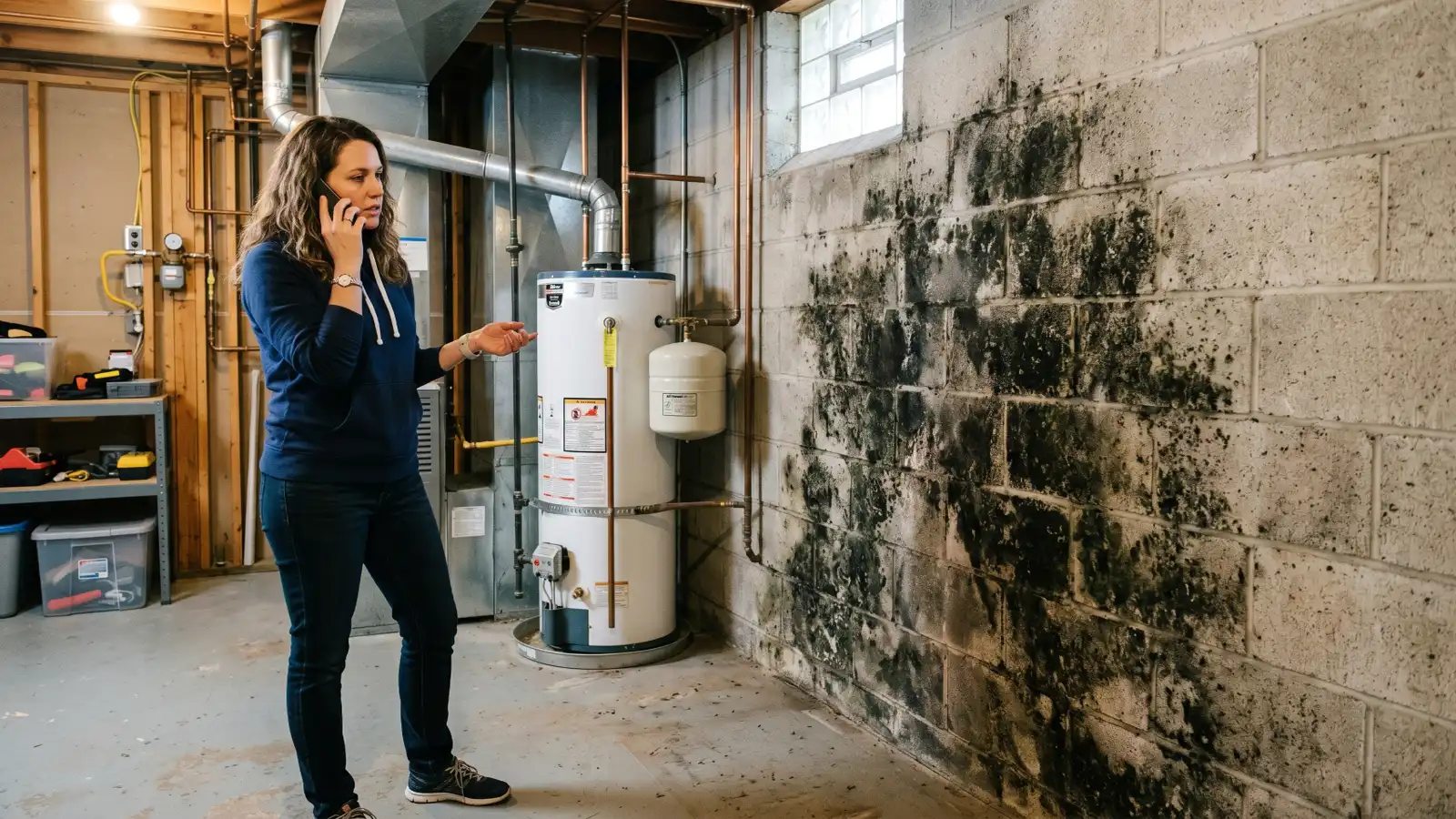 Homeowner on the phone calling a mold remediation professional while looking at extensive mold growth covering a basement wall