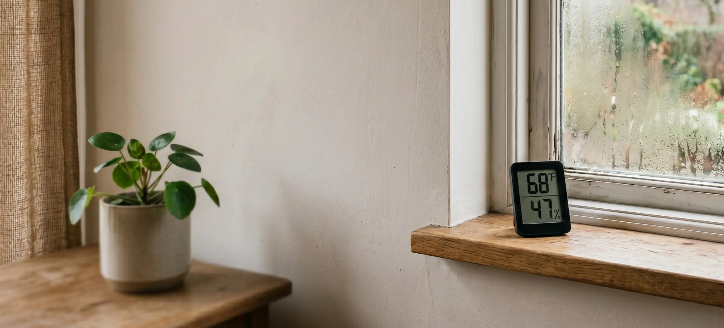 Digital hygrometer on a windowsill reading 72% humidity with condensation on the window glass