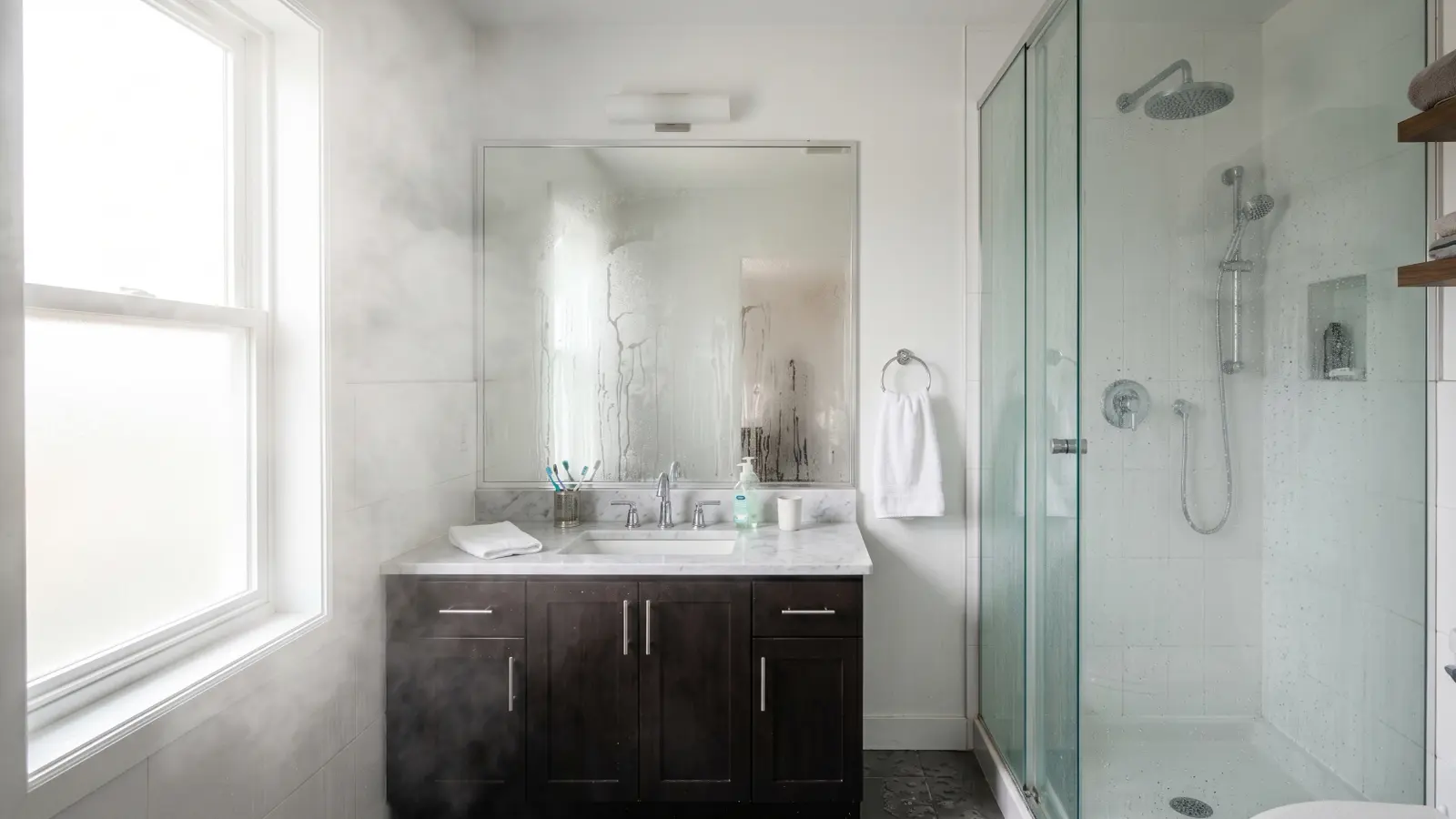 Steam filling a bathroom after a shower with moisture streaming down the mirror and condensation on the walls