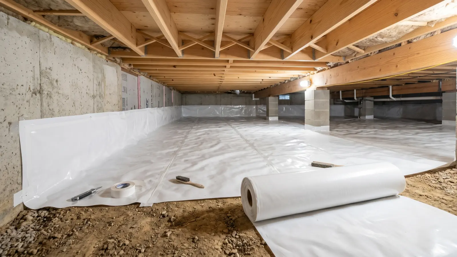 Vapor barrier being installed across a crawl space floor to block ground moisture and reduce indoor humidity