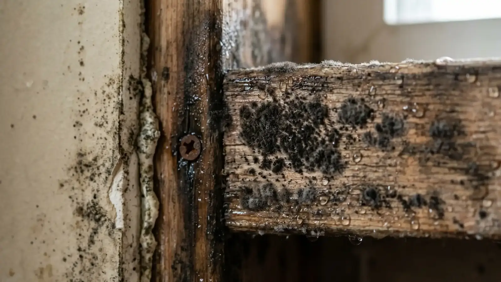 Mold growth on wet wood framing and drywall caused by sustained high humidity