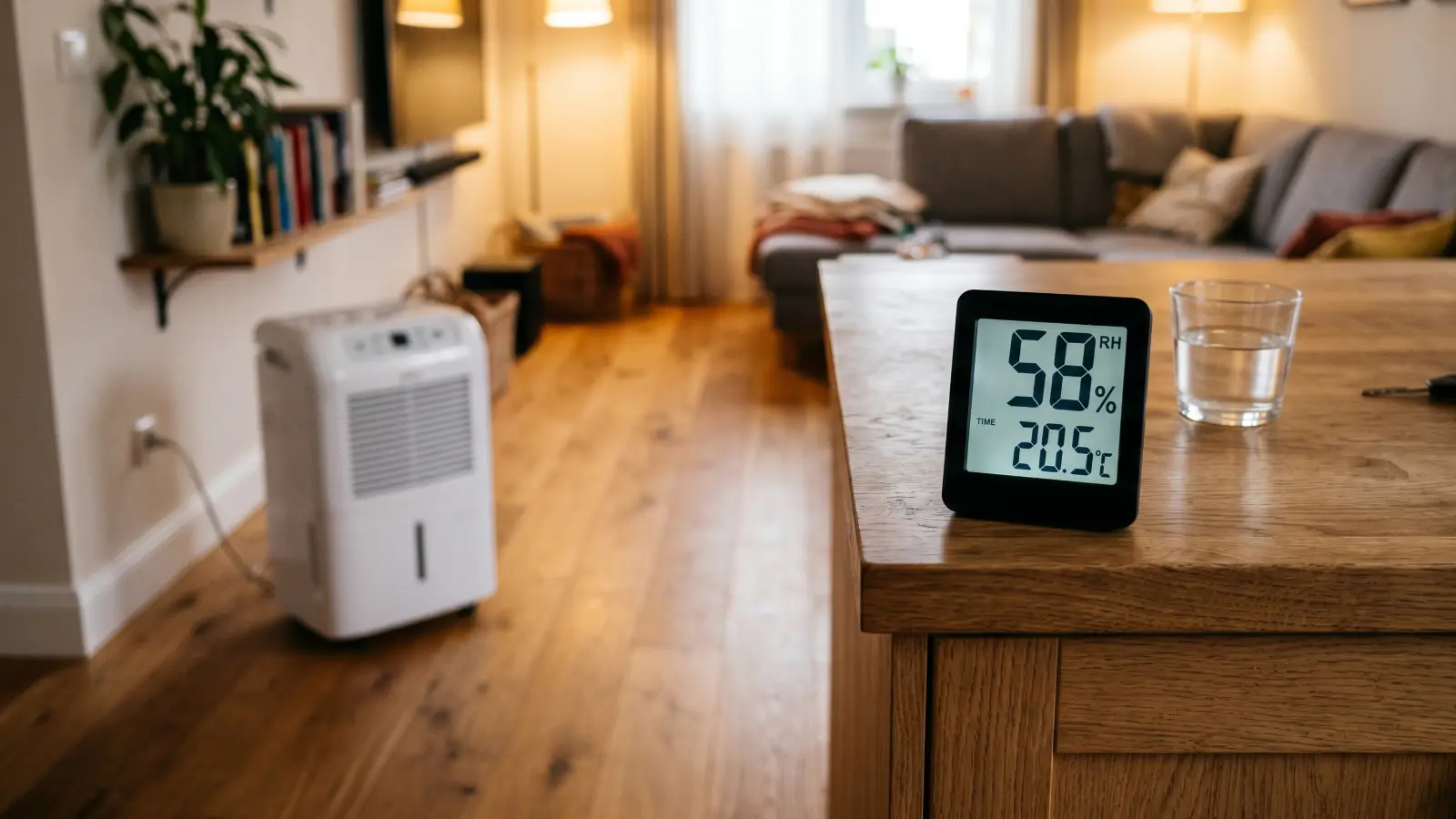 Digital hygrometer displaying 58% relative humidity on a wood surface with a dehumidifier running in the background to control indoor moisture levels