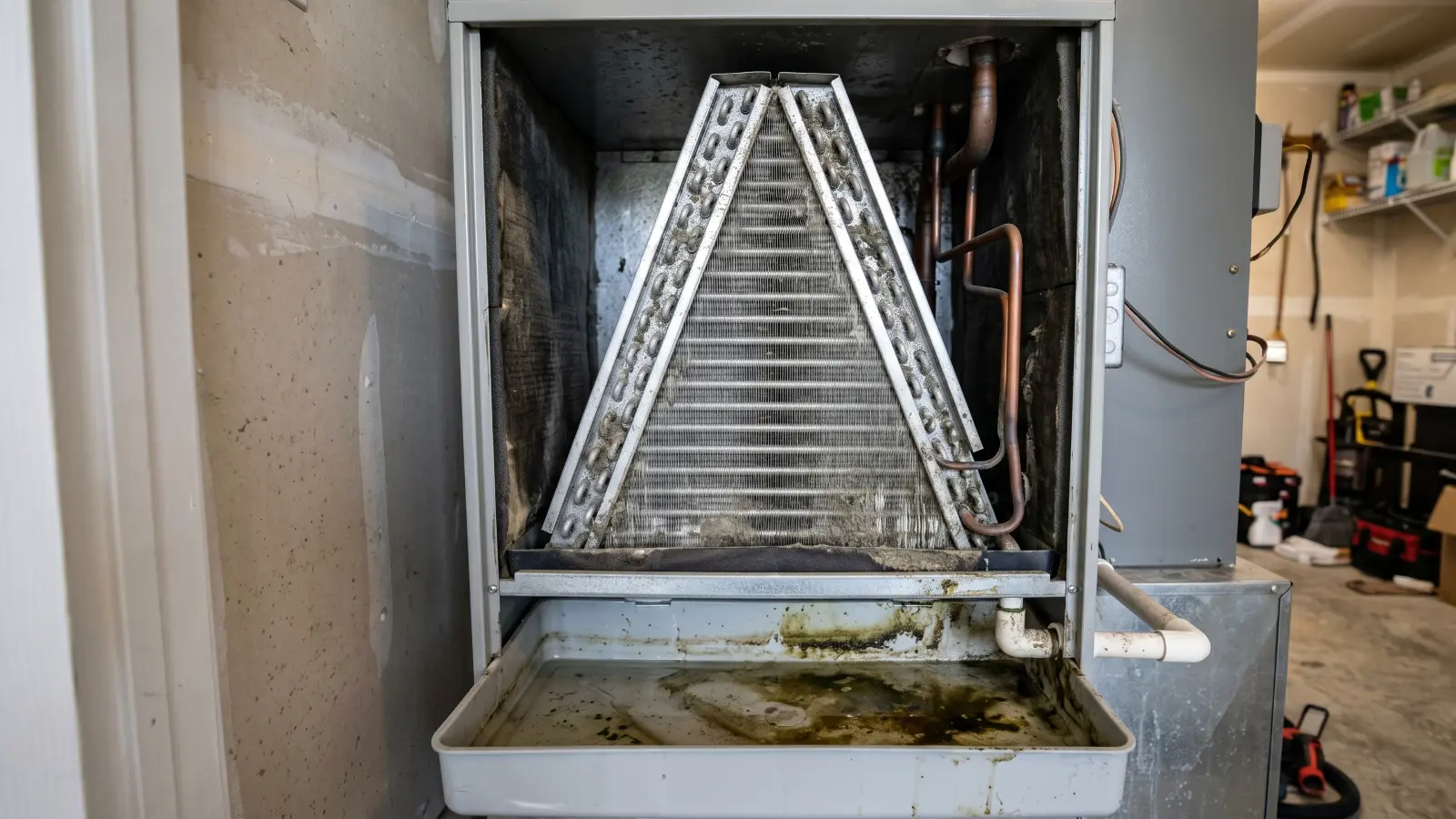 Residential HVAC air handler with access panel open showing dirty evaporator coil fins and contaminated condensate drain pan with standing water