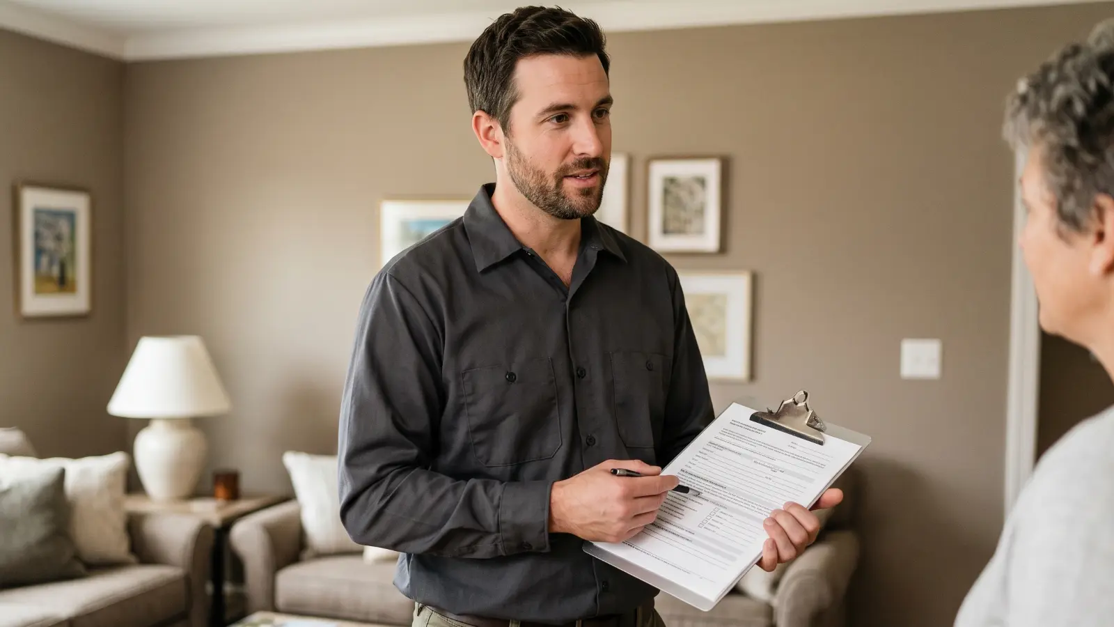 HVAC mold remediation contractor holding a clipboard and scope of work document while speaking with a homeowner in a residential living room