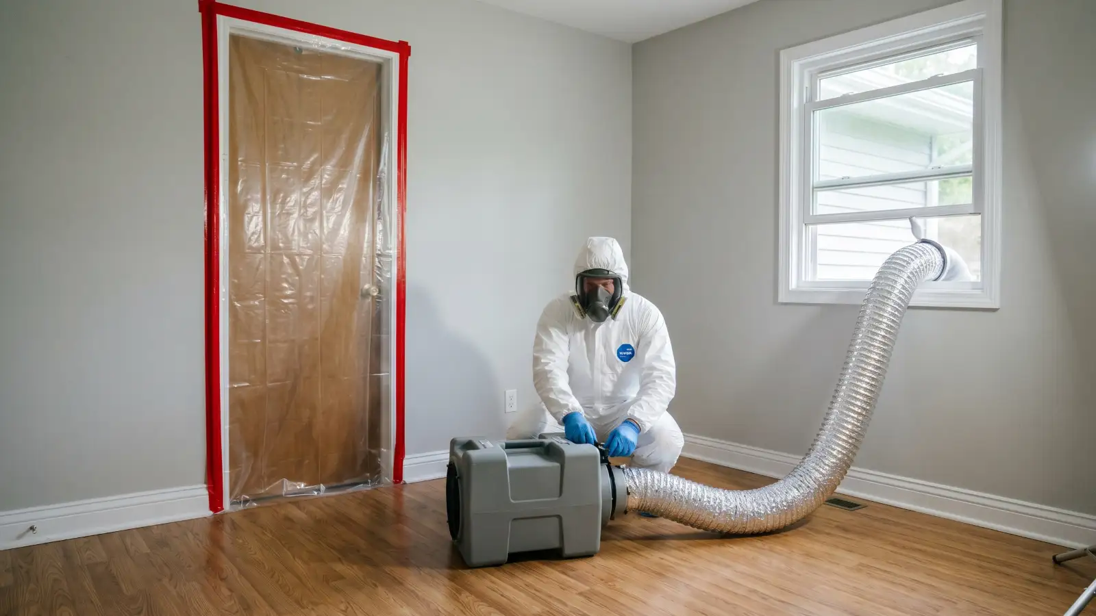 Mold remediation technician in Tyvek suit and respirator operating a HEPA negative air machine in a residential room with plastic sheeting containment over the doorway