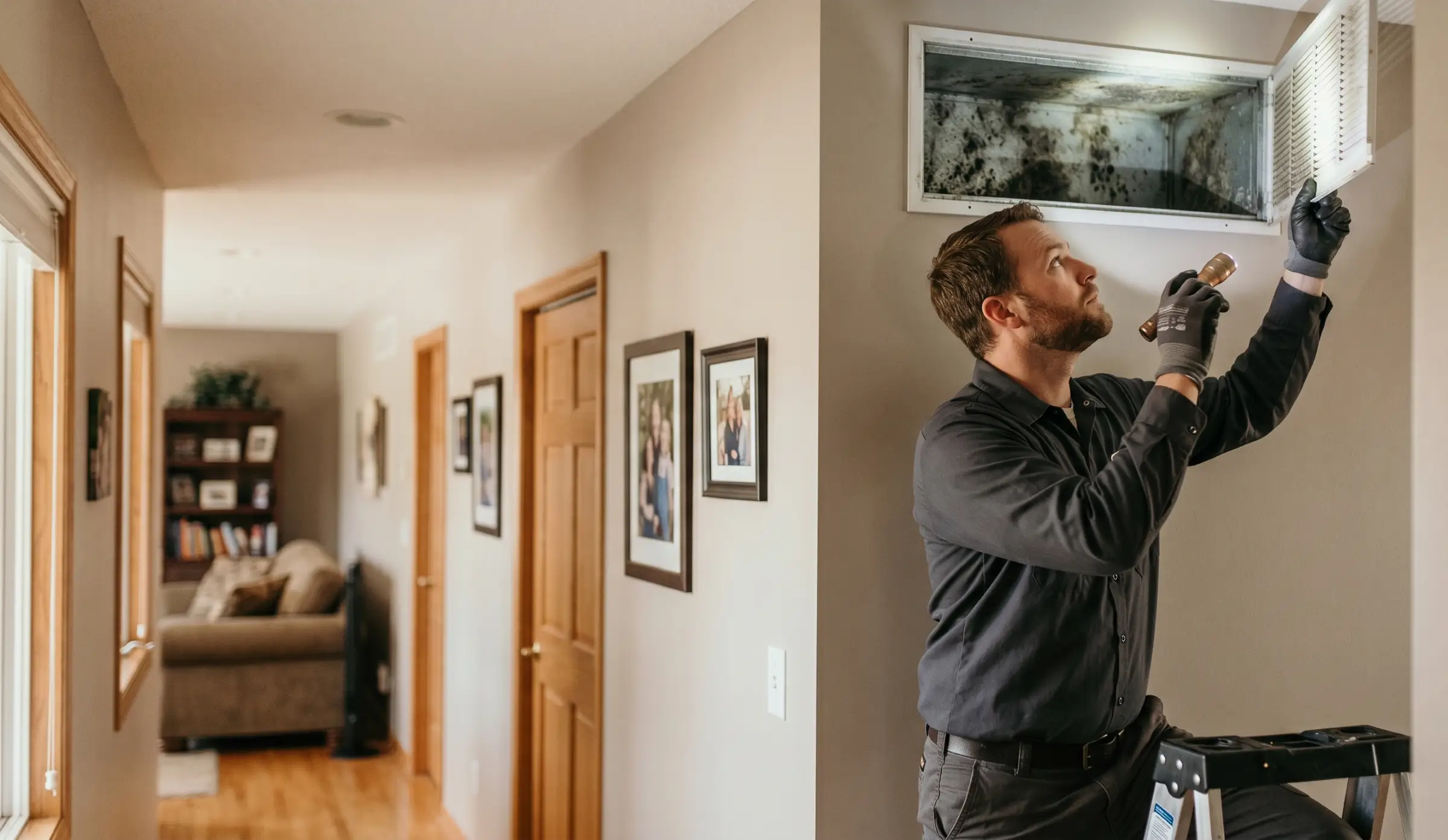 HVAC technician shining a flashlight into a wall vent with visible mold inside a residential home