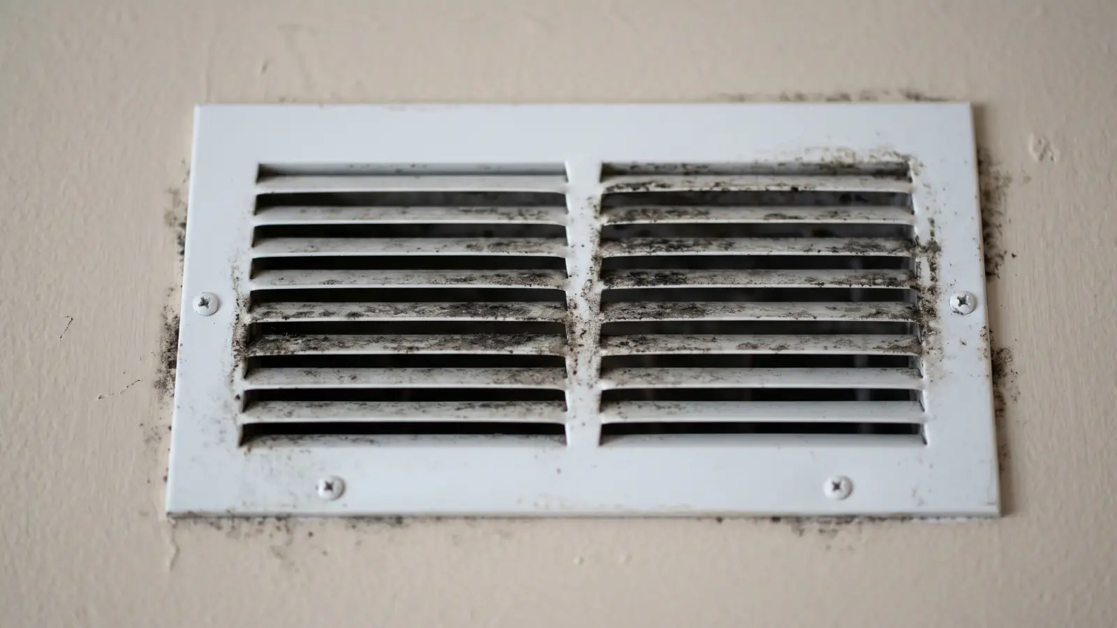 White residential air vent register with black mold staining on the grille slats and surrounding wall