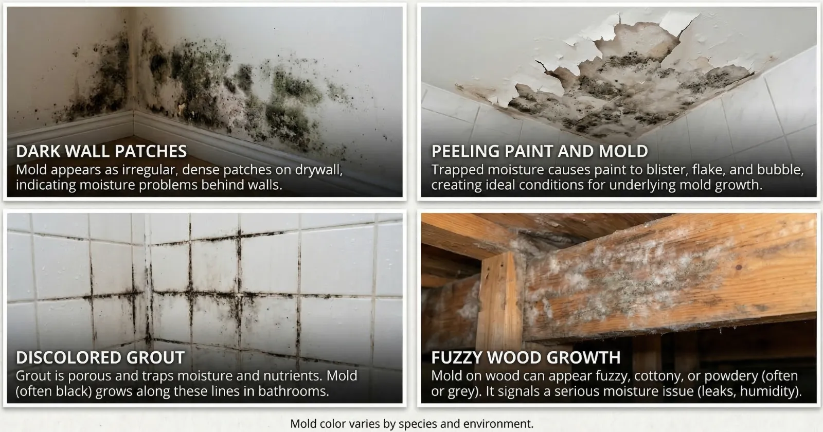 Four visual signs of mold in homes: dark patches on drywall, peeling ceiling paint with mold growth, discolored bathroom grout, and fuzzy white mold on wood framing.