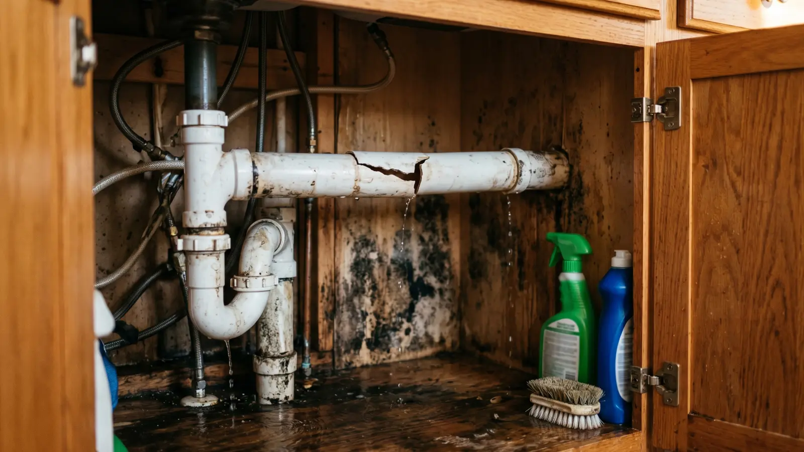 Cracked PVC pipe under a kitchen sink actively dripping water, with heavy mold growth covering the cabinet back wall