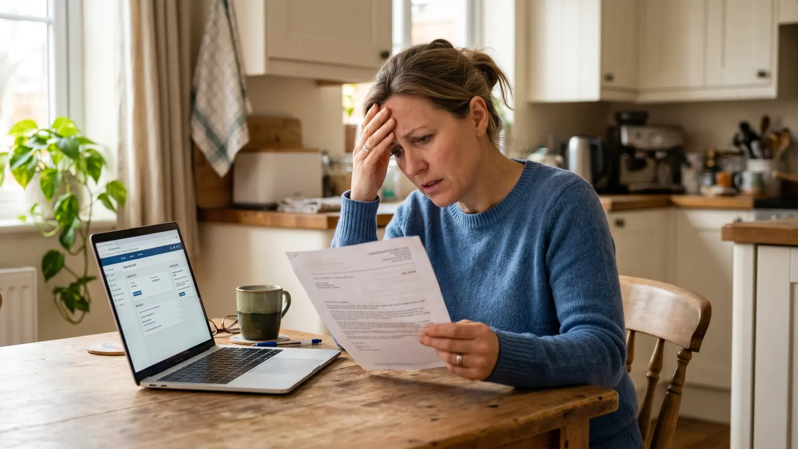 Frustrated homeowner at a kitchen table reading a denial letter with a laptop open to an insurance portal beside her