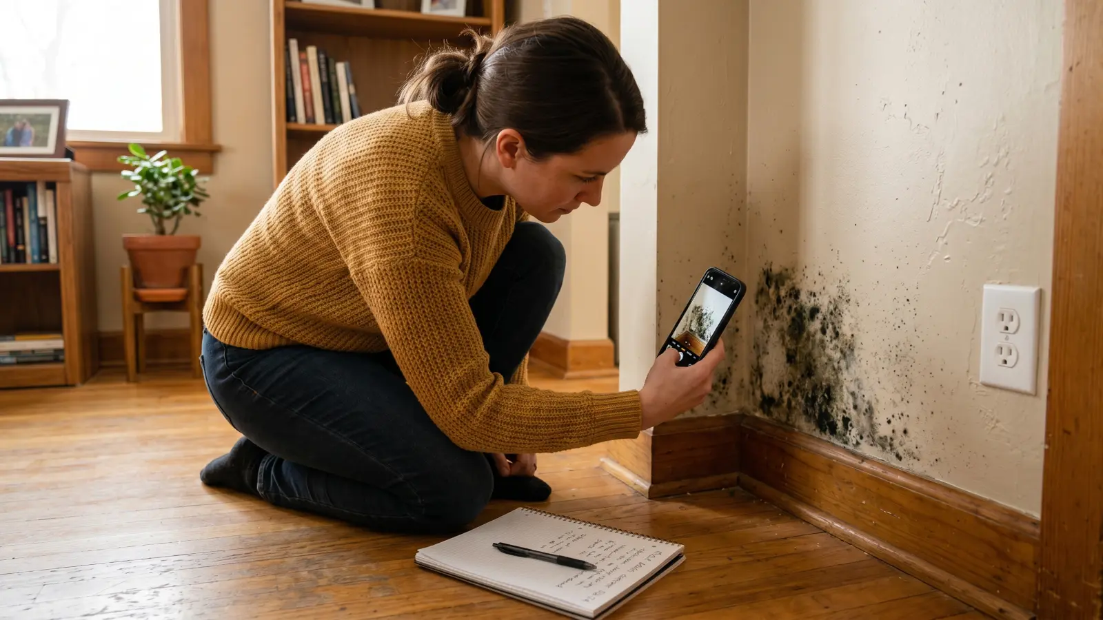 Homeowner crouched on the floor photographing mold growth on a wall with a smartphone, notepad with handwritten notes beside her