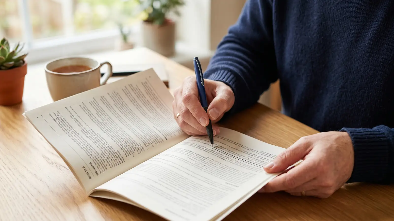 Homeowner reviewing an insurance policy document at a wooden desk, pen in hand pointing to a specific clause