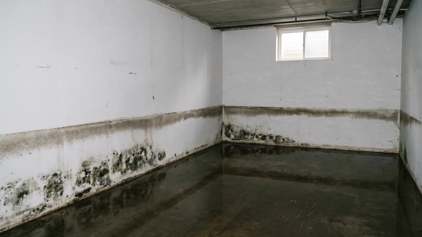 Flooded basement with standing water on the floor and a visible waterline showing extensive mold growth across the lower portion of white concrete walls