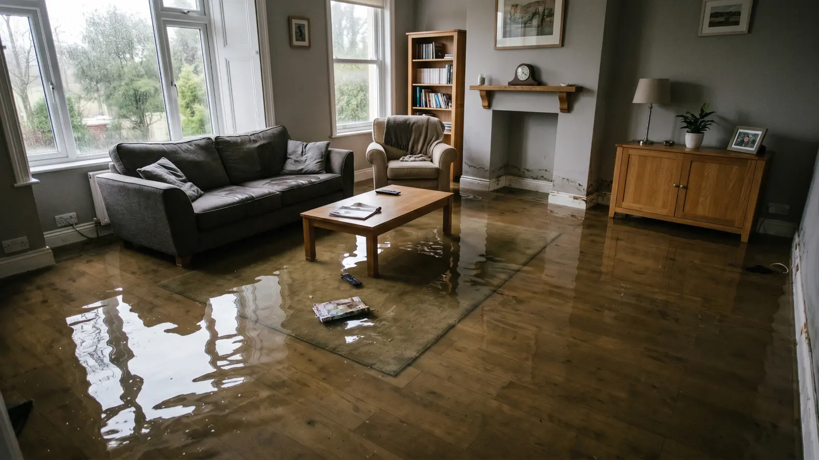 Flooded residential living room with standing water covering hardwood floors showing damage excluded from standard homeowners insurance