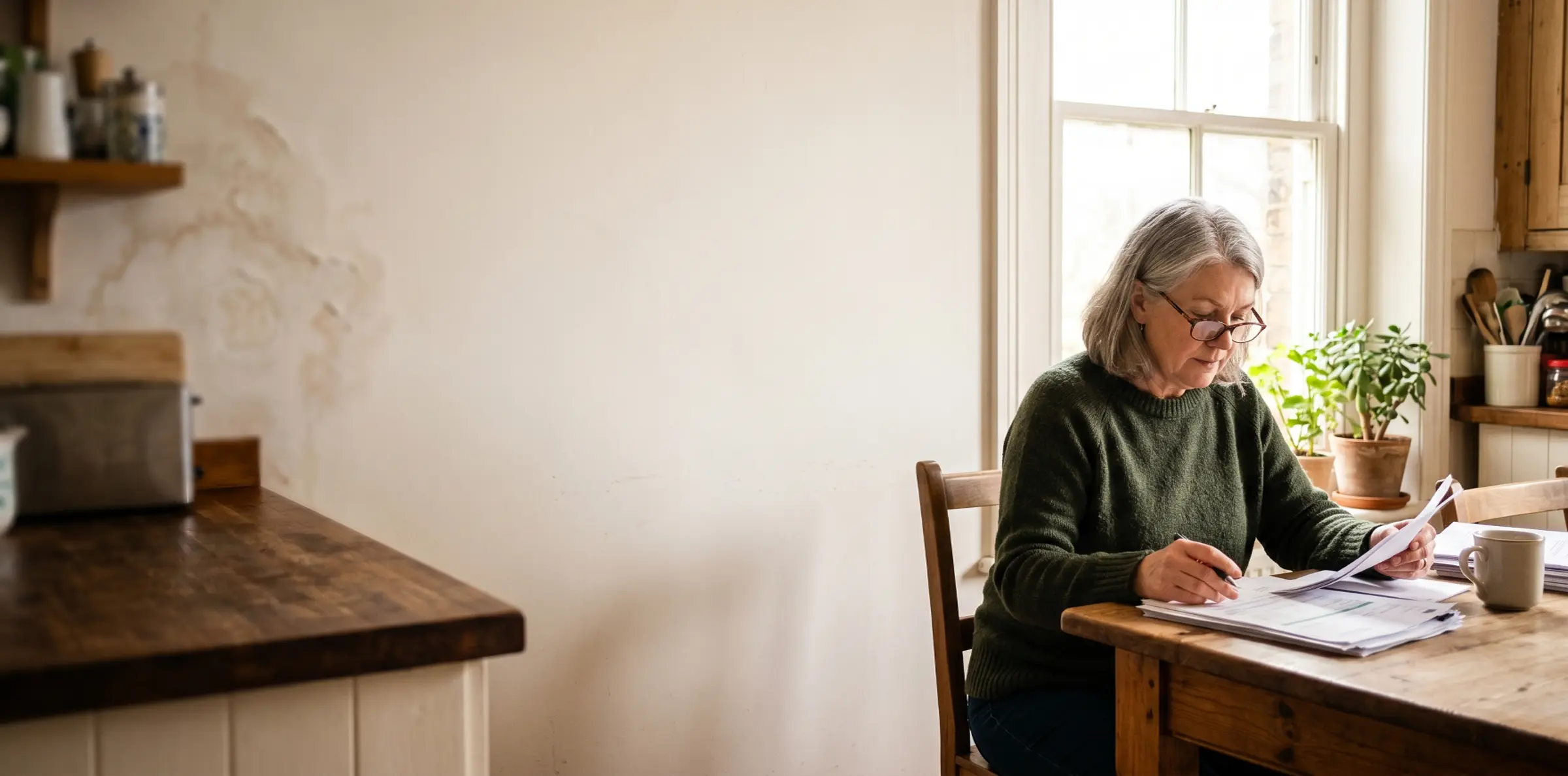 Homeowner reviewing insurance policy documents with a moisture-damaged wall in the background