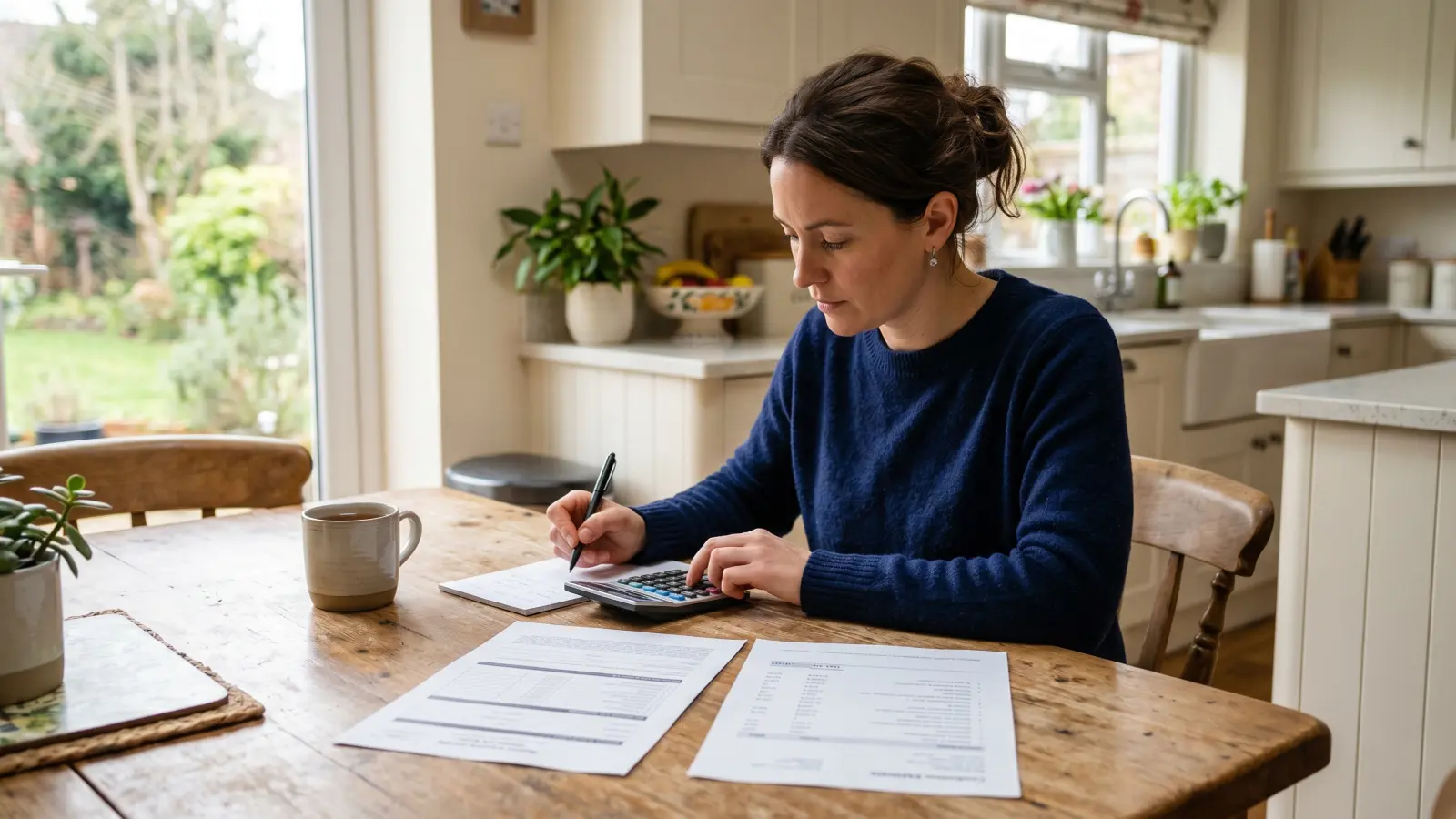 Homeowner at a kitchen table using a calculator and pen with two documents laid out side by side, working through the financial math of filing an insurance claim