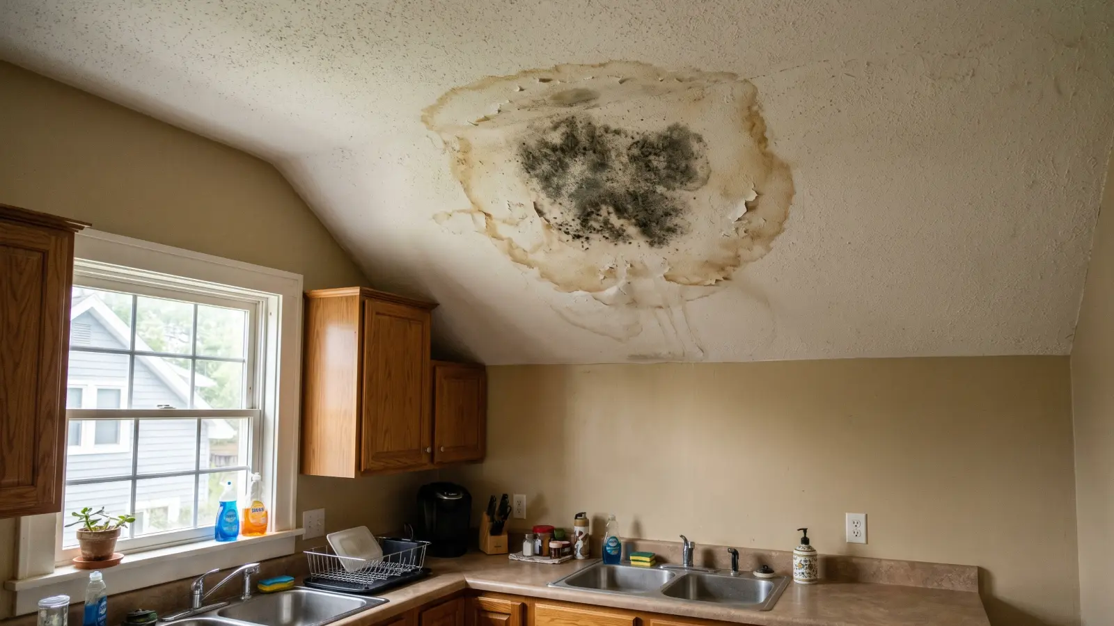 Dark mold growth at the center of a large brownish water stain ring on a kitchen ceiling indicating a leak from above
