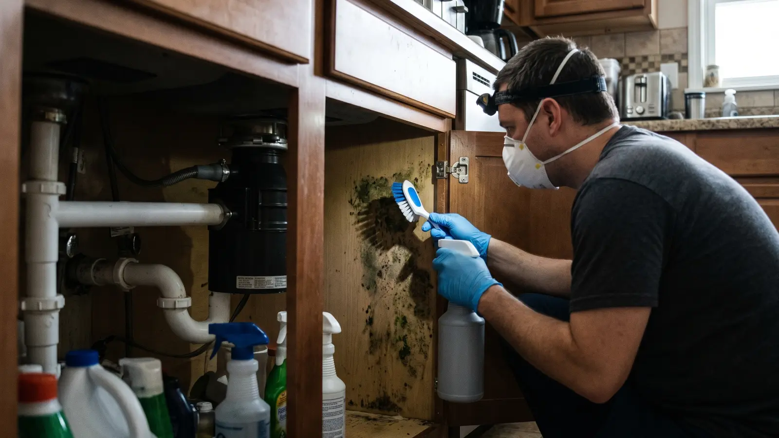 Person wearing N95 respirator and blue nitrile gloves scrubbing black mold from inside a kitchen cabinet with a brush and spray bottle