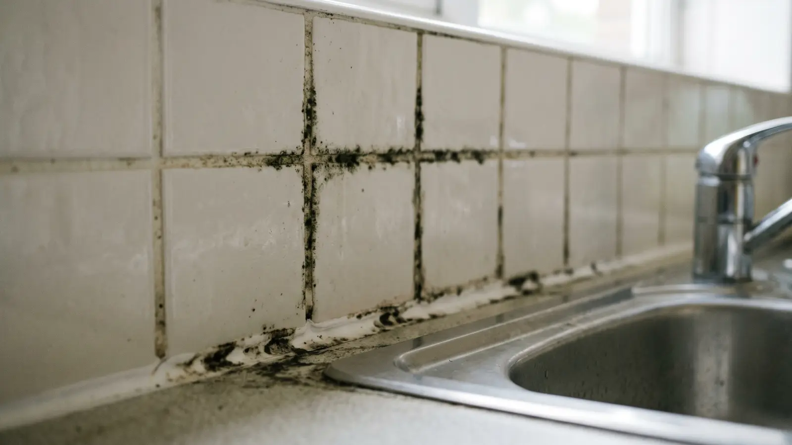 Black mold growth embedded in kitchen tile backsplash grout lines and along the caulk edge where tile meets the countertop above the sink