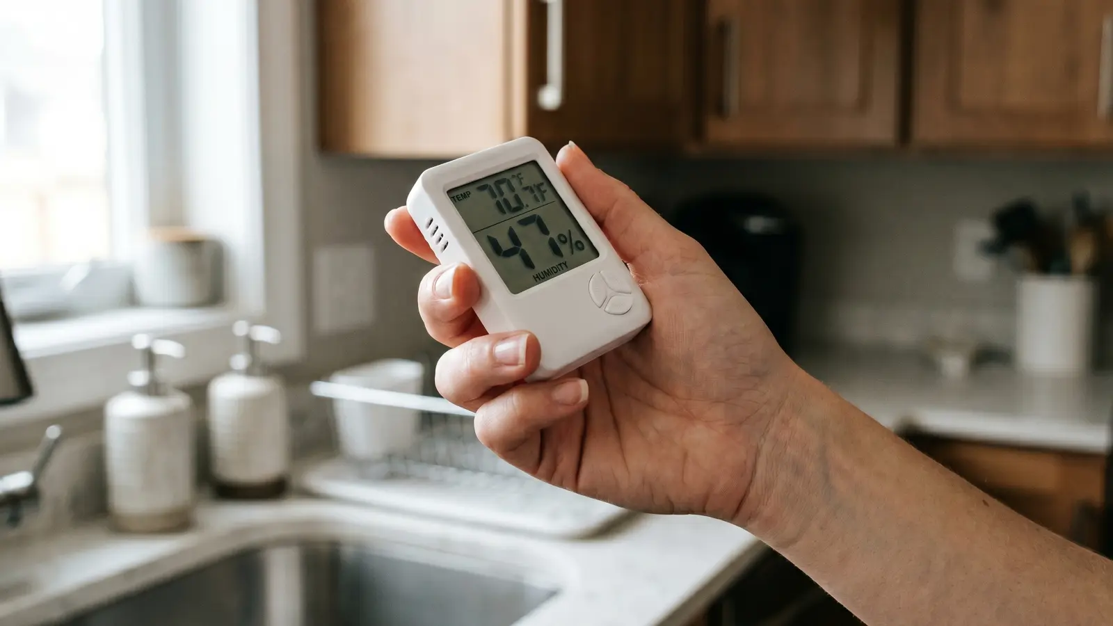 Hand holding a digital hygrometer displaying 47 percent humidity in a residential kitchen above the sink showing a safe moisture level for mold prevention