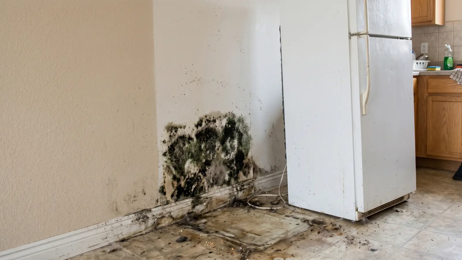 Refrigerator pulled away from kitchen wall revealing extensive dark mold growth on the wall and baseboard from a leaking drain pan