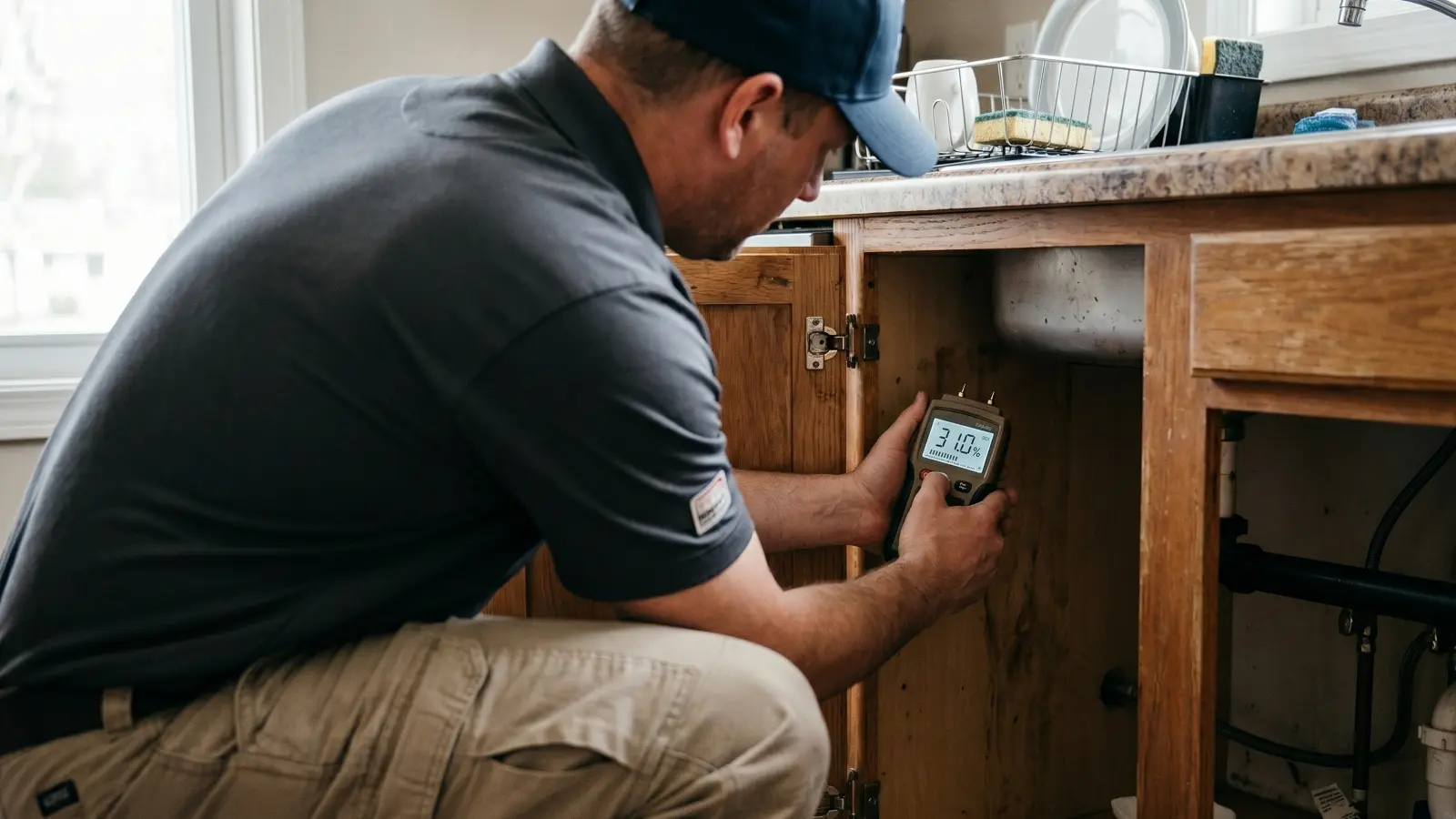 Mold inspector pressing a FLIR moisture meter against a kitchen cabinet wall showing a reading of 31 percent indicating elevated moisture and mold risk
