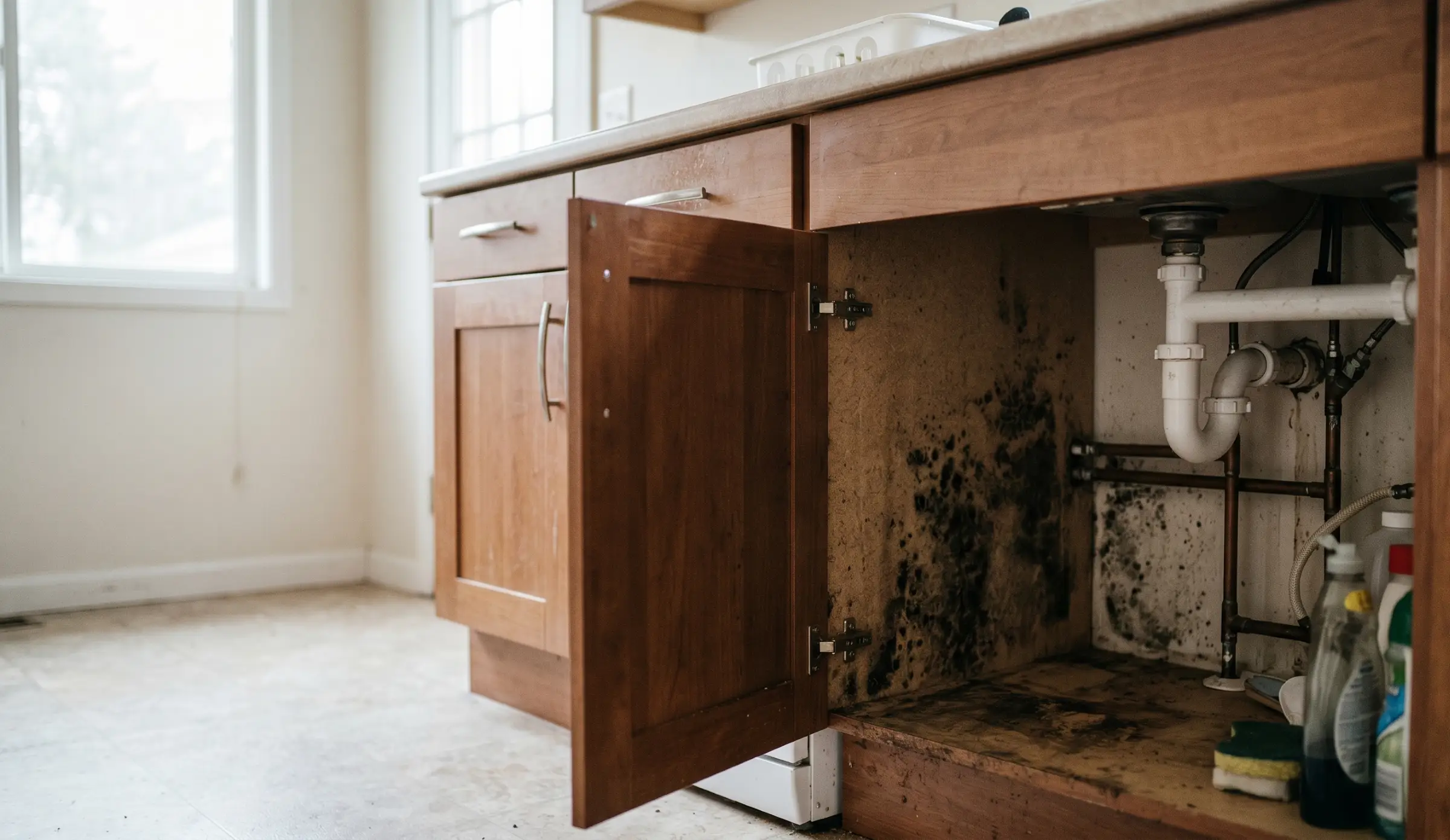 Open kitchen sink cabinet revealing extensive dark mold growth on the back wall and base board with plumbing pipes visible
