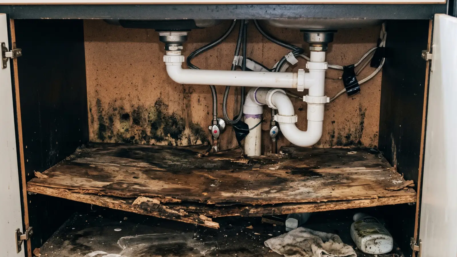Severely water-damaged and mold-covered particleboard base inside a kitchen sink cabinet showing delamination and black mold on back wall