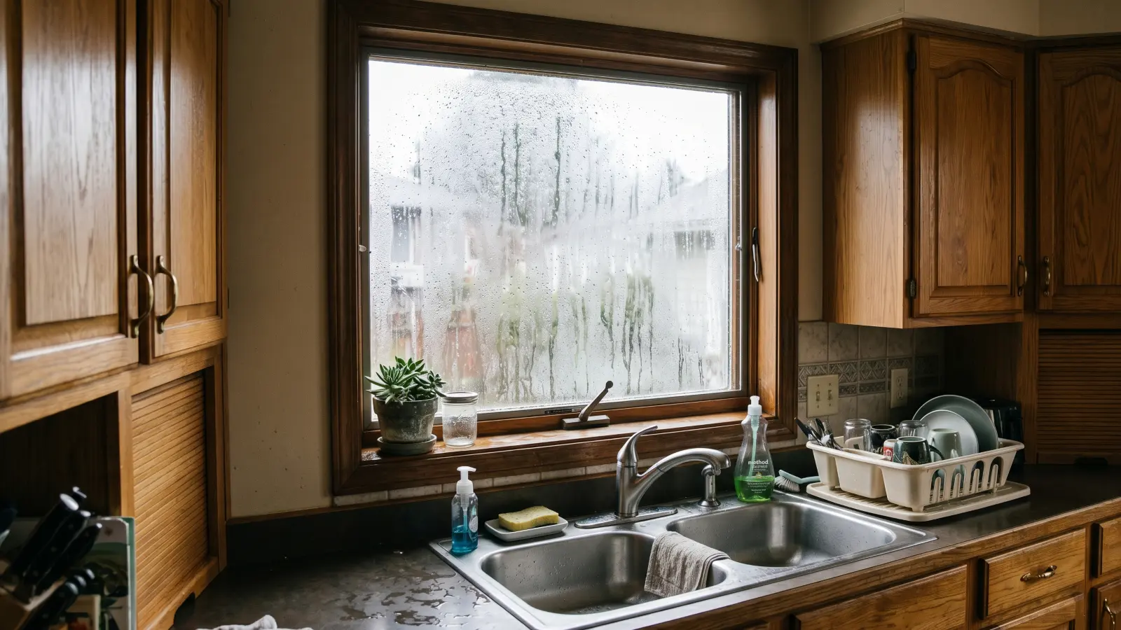 Heavy condensation on a kitchen window above the sink, a common moisture source that leads to mold growth on window frames, sills, and surrounding cabinet surfaces