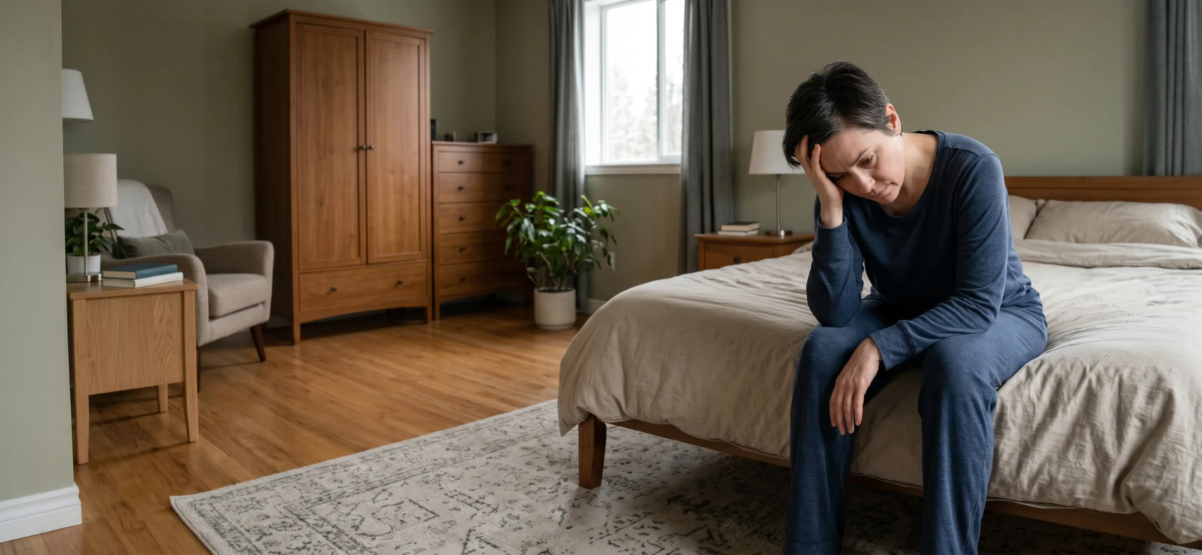 Woman sitting on the edge of a bed in a bedroom, head resting in her hand, looking fatigued and unwell
