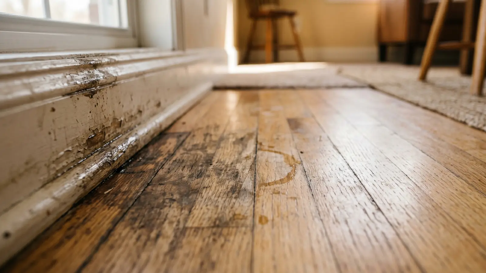 Dark moisture staining and water damage on a wood floor and baseboard beneath a window showing conditions that lead to mold growth