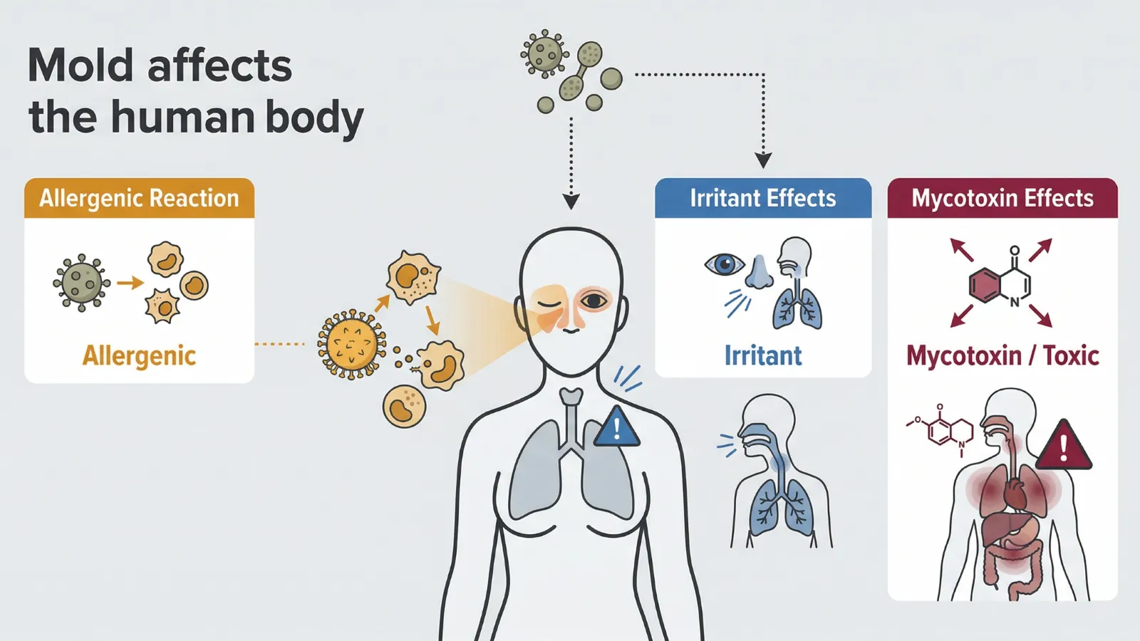 Infographic showing three ways mold affects the human body: allergenic reactions triggering immune cells, irritant effects on the eyes, nose, and lungs, and mycotoxin effects causing systemic organ damage.