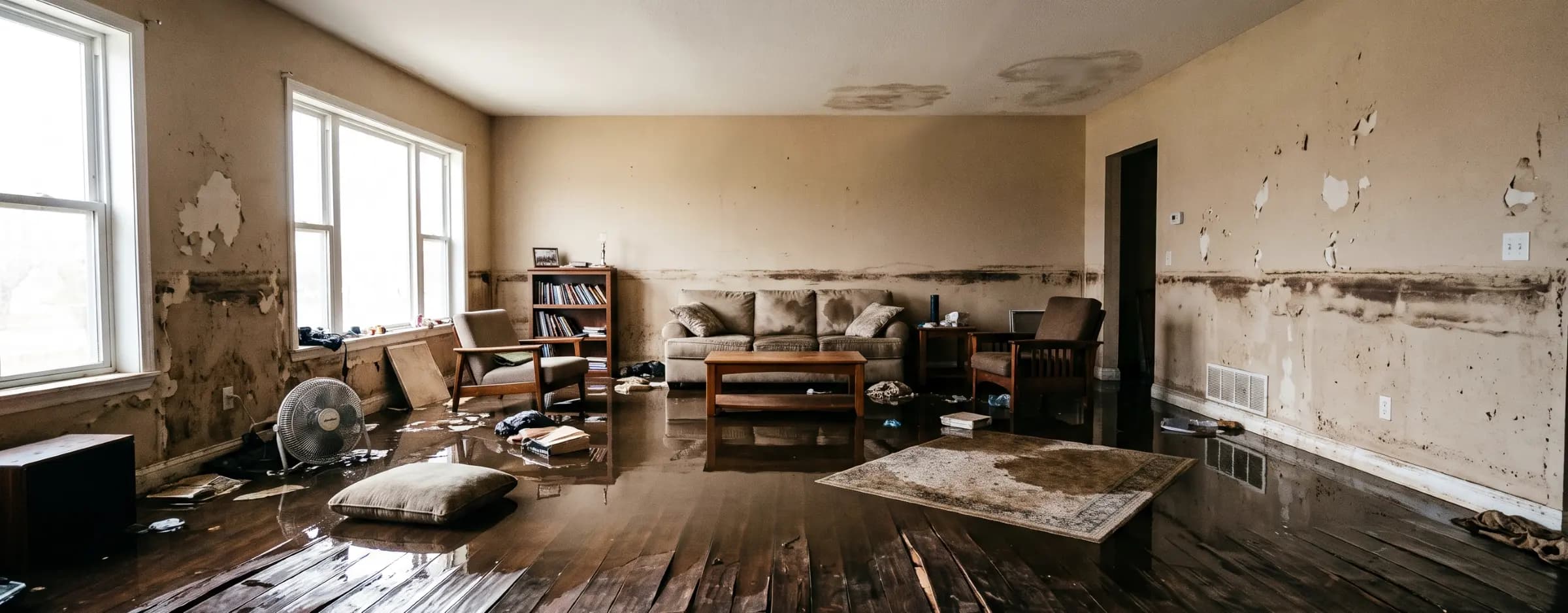 Flood-damaged living room with heavy mold staining and peeling paint on the far wall, warped wood flooring, and furniture still standing in shallow water