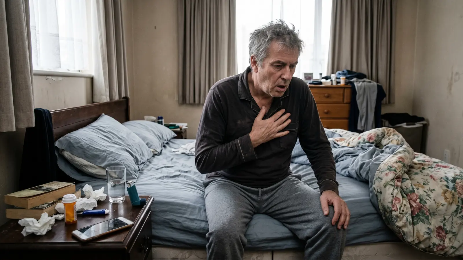 Man sitting on edge of unmade bed with hand on chest struggling to breathe, inhaler on nightstand