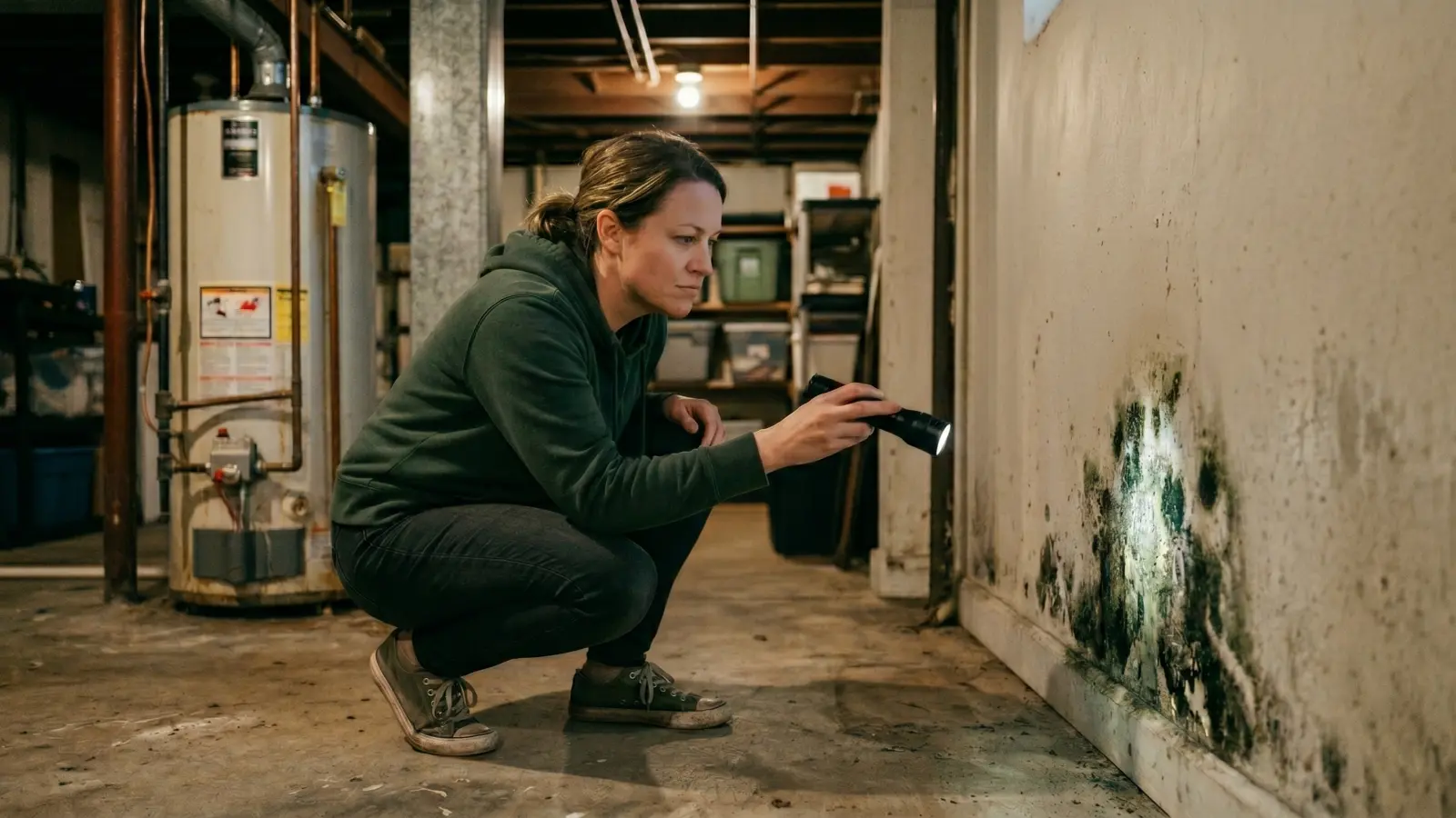 Homeowner crouching in a basement shining a flashlight on mold growth on a wall near the baseboard