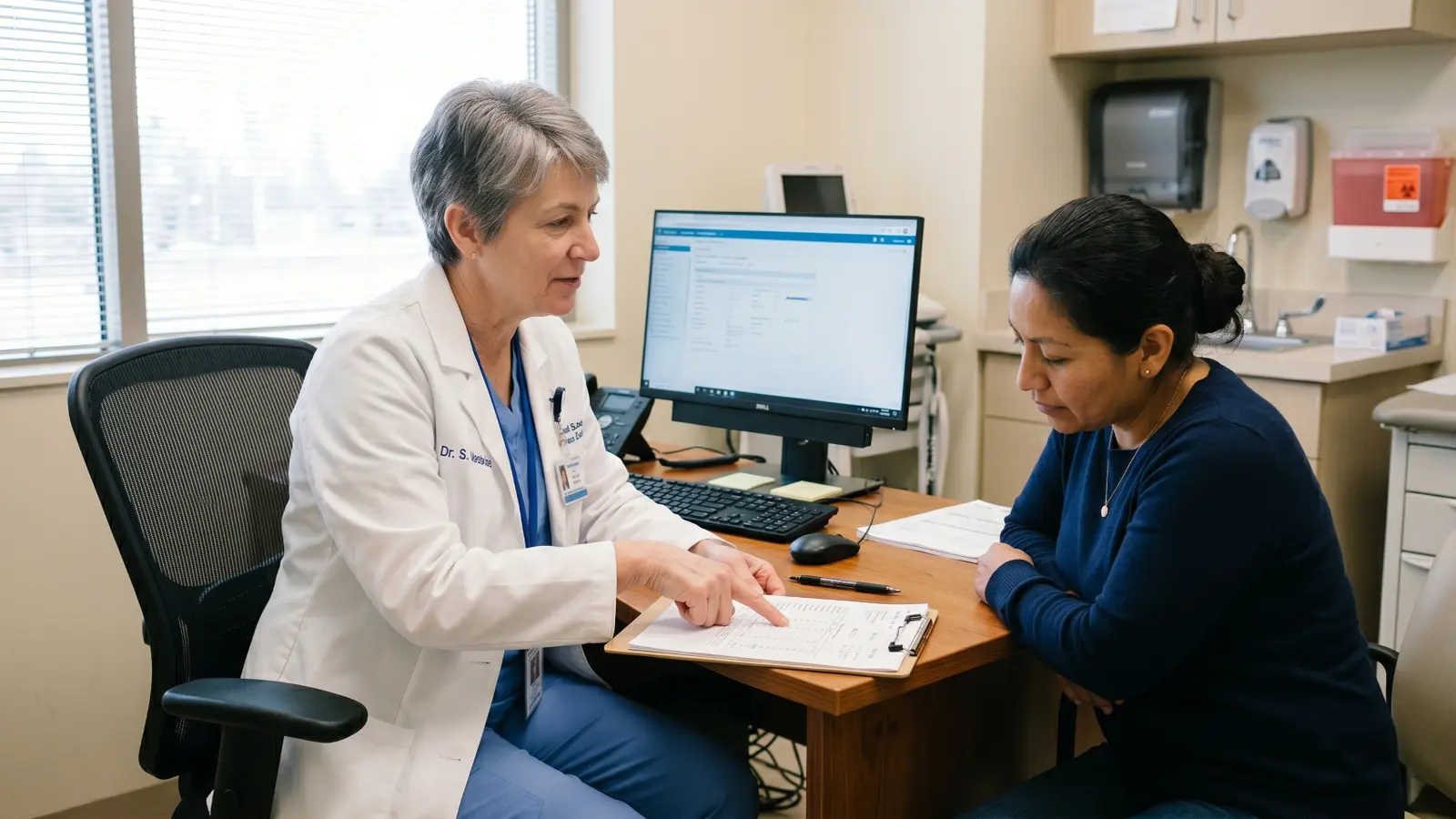 Doctor pointing to clipboard results while consulting with a patient in a medical office
