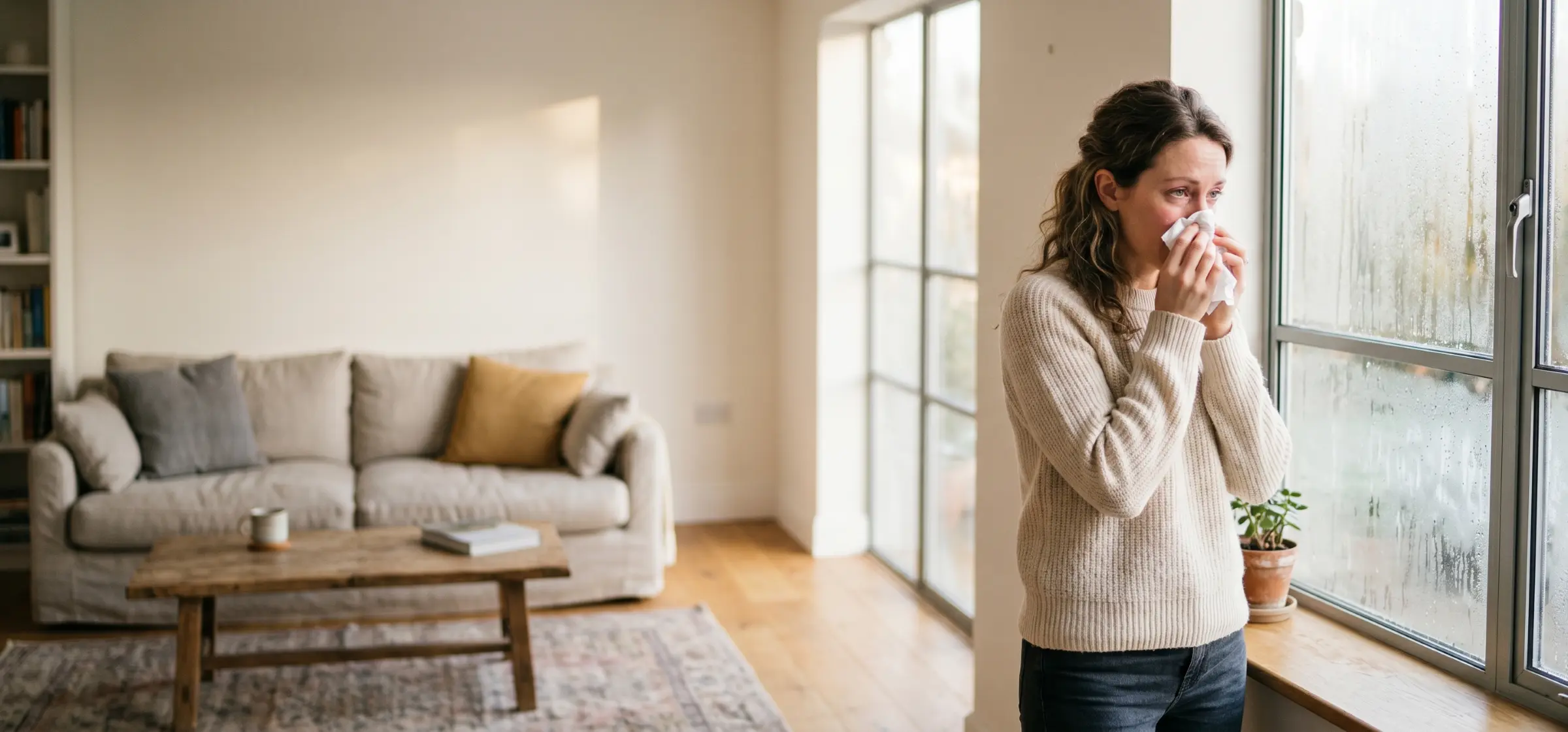 Woman blowing her nose near a window with condensation in a living room