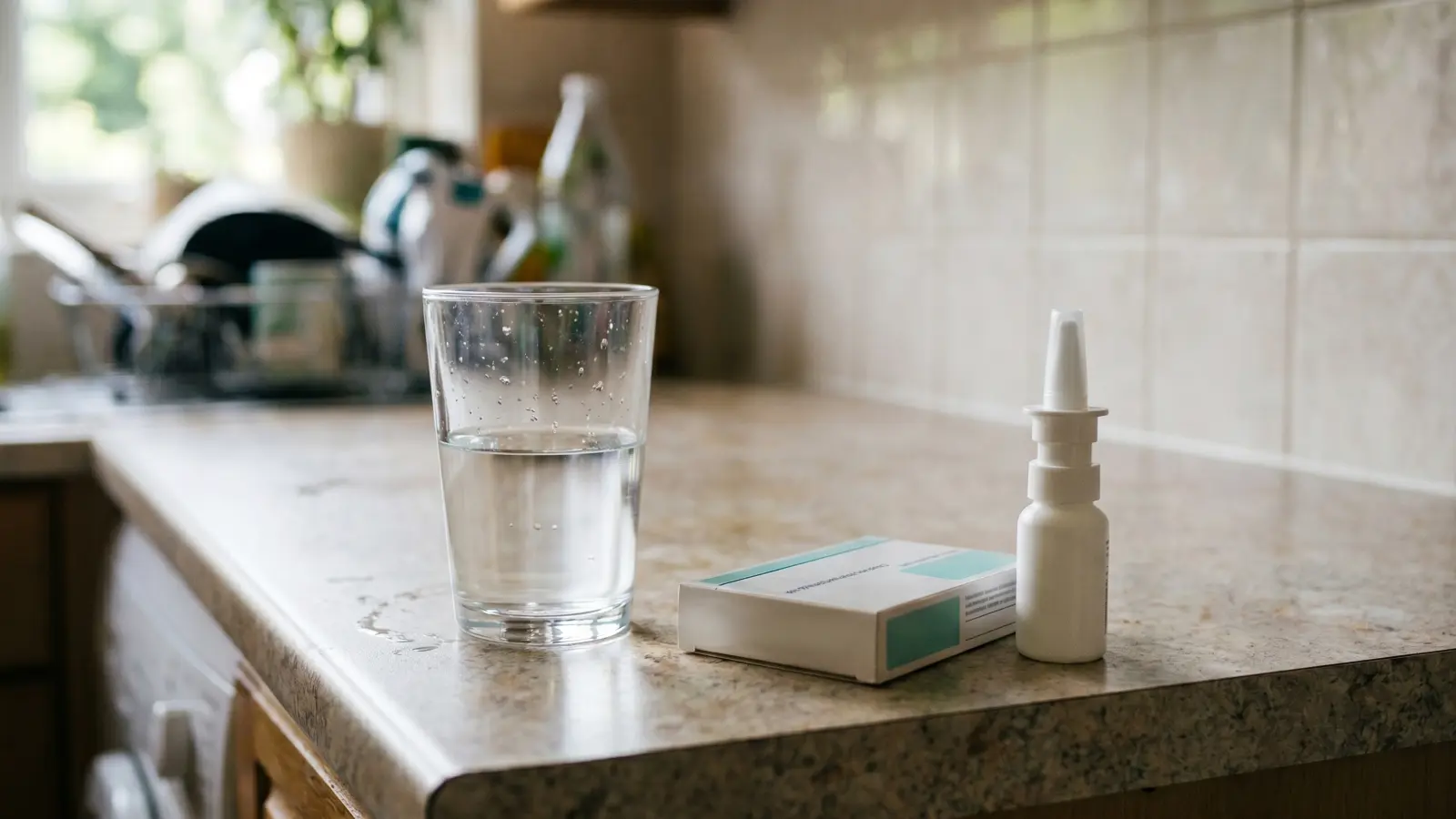 Antihistamine tablets, nasal spray, and glass of water on a kitchen counter