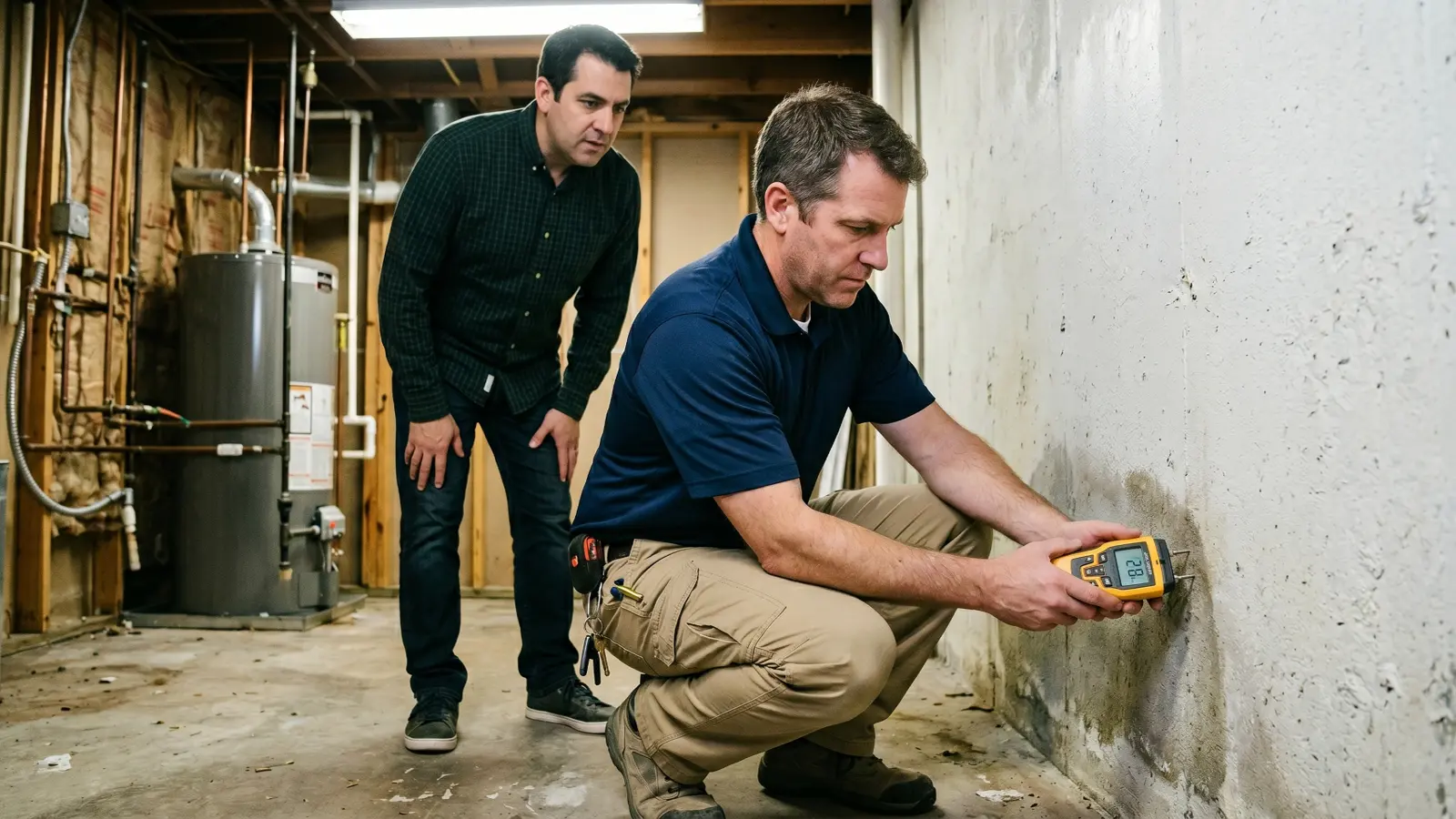 Mold inspector using a moisture meter on a damp basement wall showing a reading of 28 percent while homeowner watches