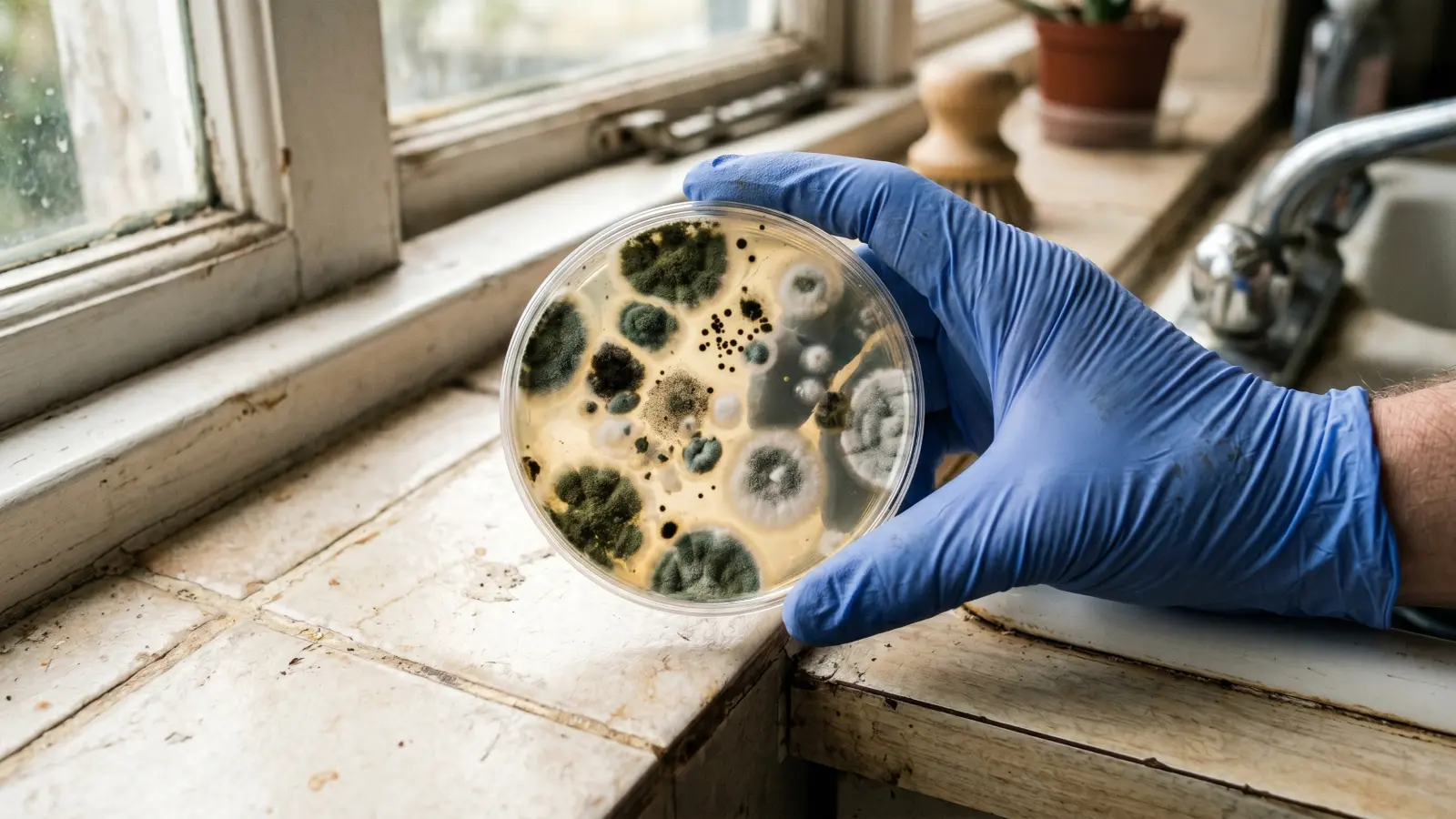 Gloved hands holding a petri dish with multiple mold colony types near a weathered home window