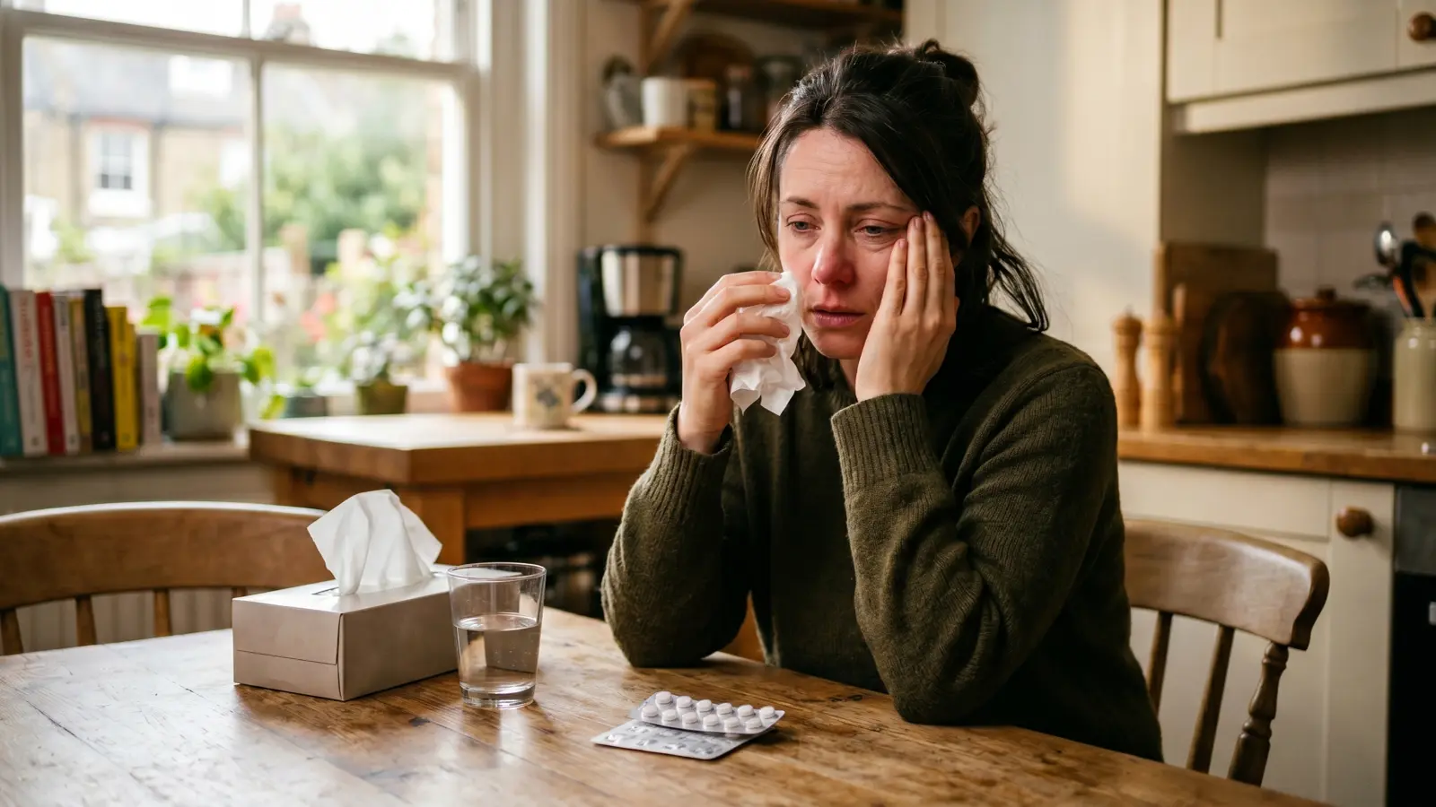 Woman with red, watery eyes holding a tissue at a kitchen table with tissues and allergy tablets