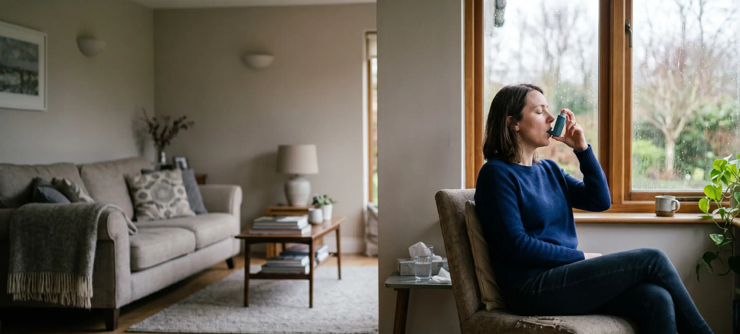 Woman using an inhaler while seated by a rain-streaked window in a living room
