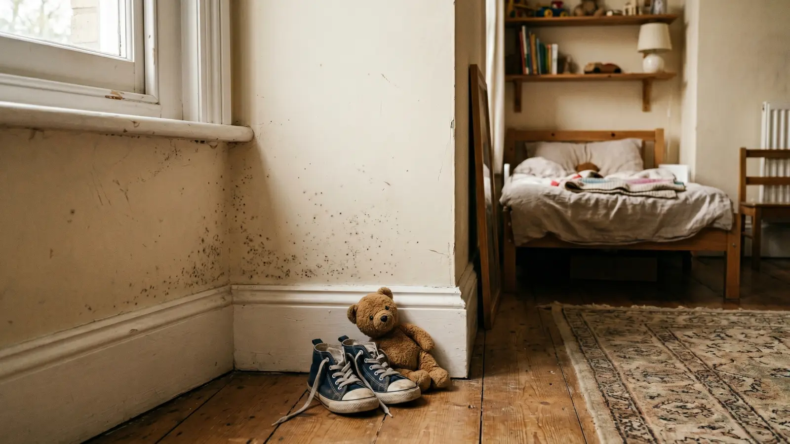 Children's bedroom with mold growth visible near the baseboard, illustrating indoor mold risk for young children