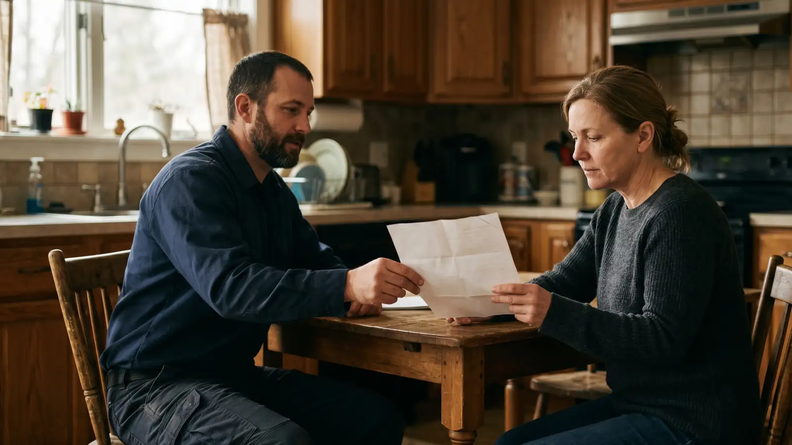 Mold remediation contractor seated at a kitchen table handing credentials documentation to a homeowner for review