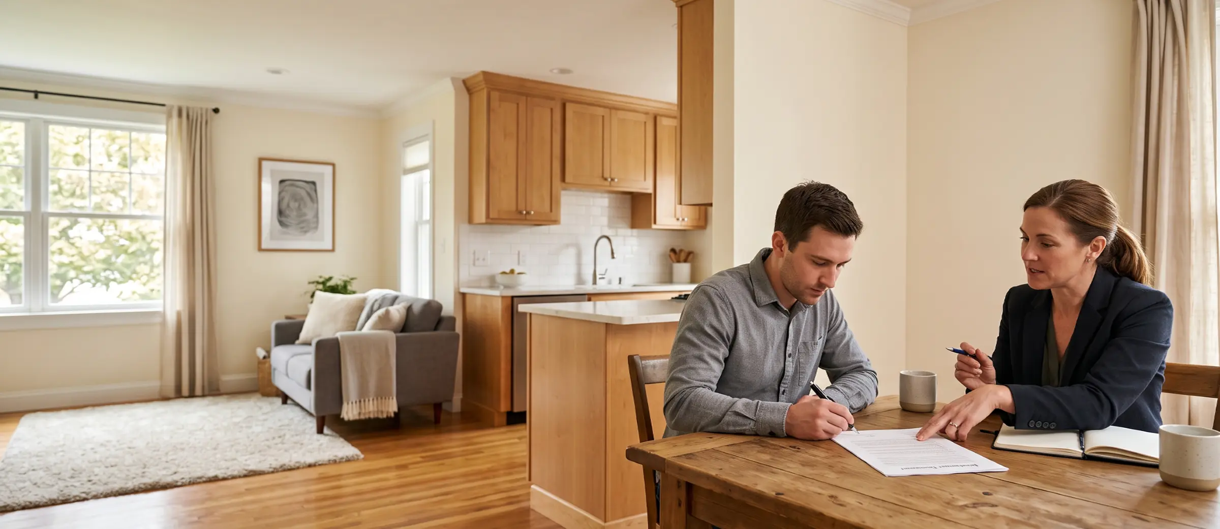 Real estate agent reviewing a seller disclosure form with a homeowner signing at a dining table in an open kitchen and living room