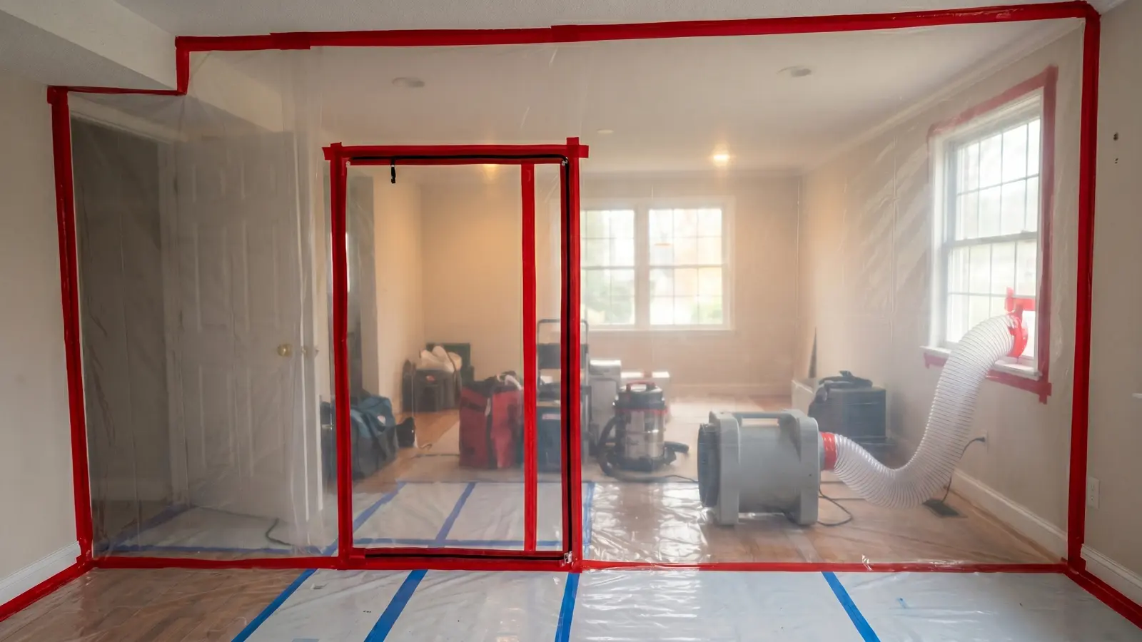Professional mold remediation containment setup showing polyethylene sheeting sealed with red tape across a full room, zippered entry panel, and air scrubbers running inside the contained zone
