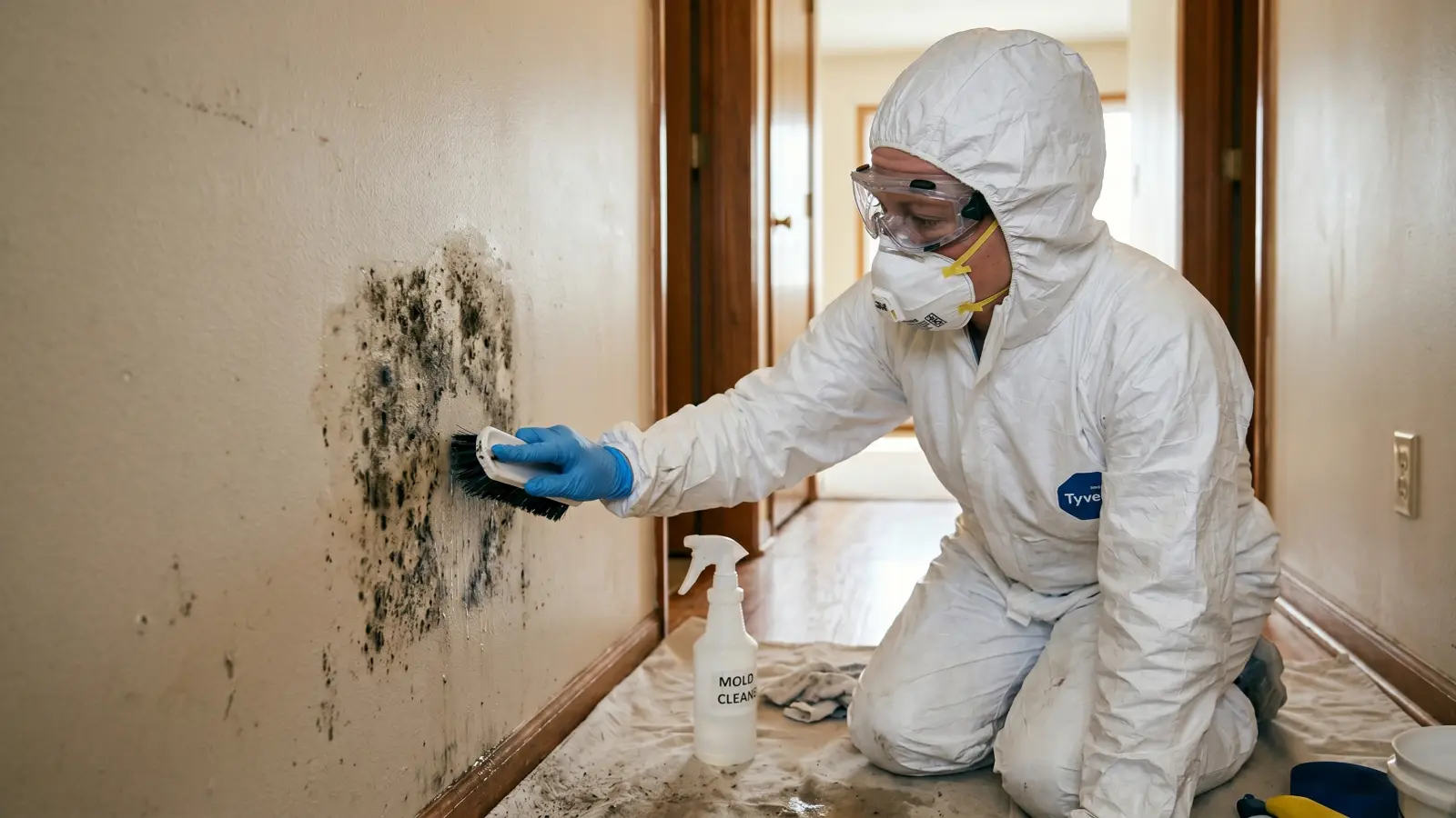 Person in Tyvek suit, N95 respirator, goggles, and nitrile gloves scrubbing mold from drywall with a stiff brush, spray bottle on the floor nearby