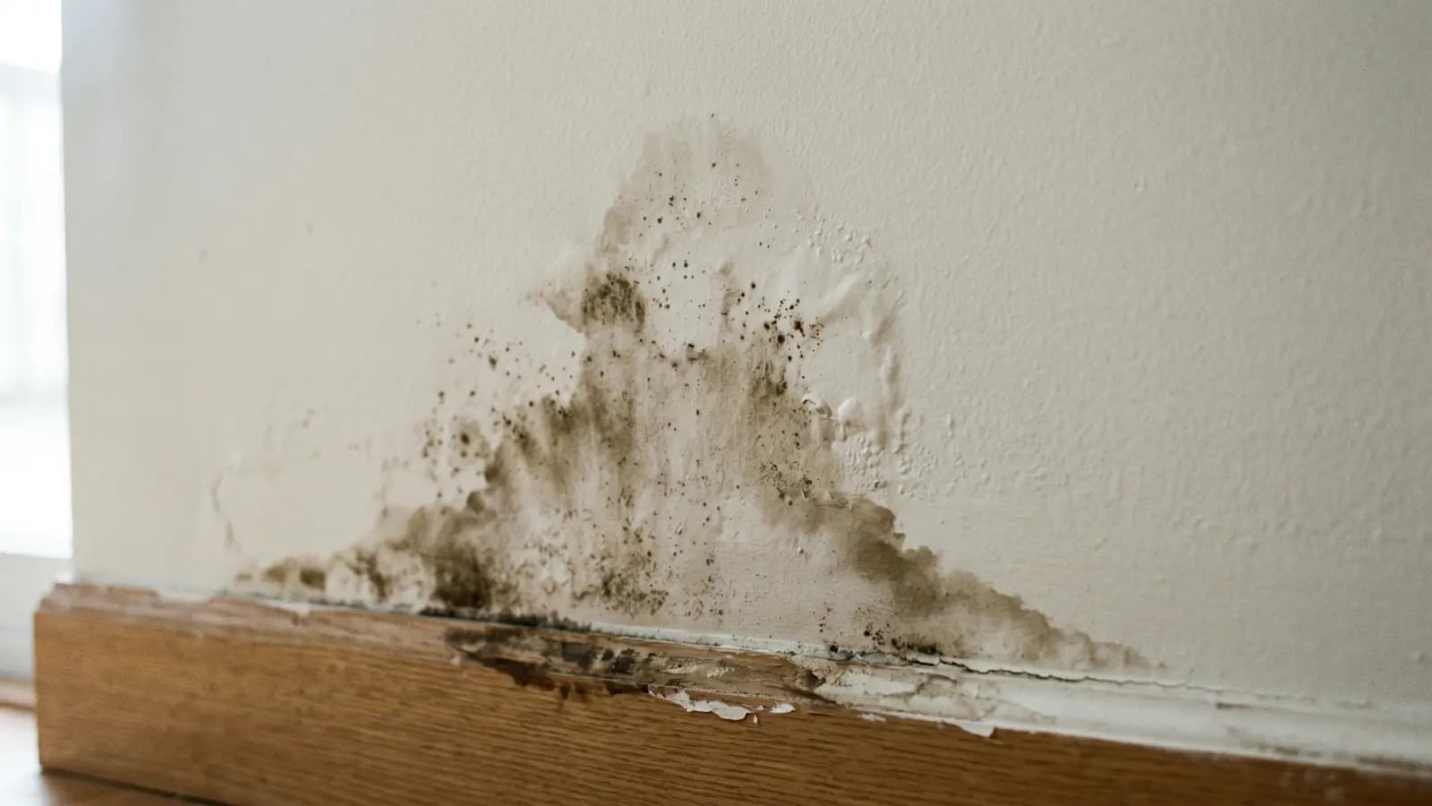 Mold spreading upward from baseboard on interior drywall with paint peeling and bubbling, indicating moisture wicking from below