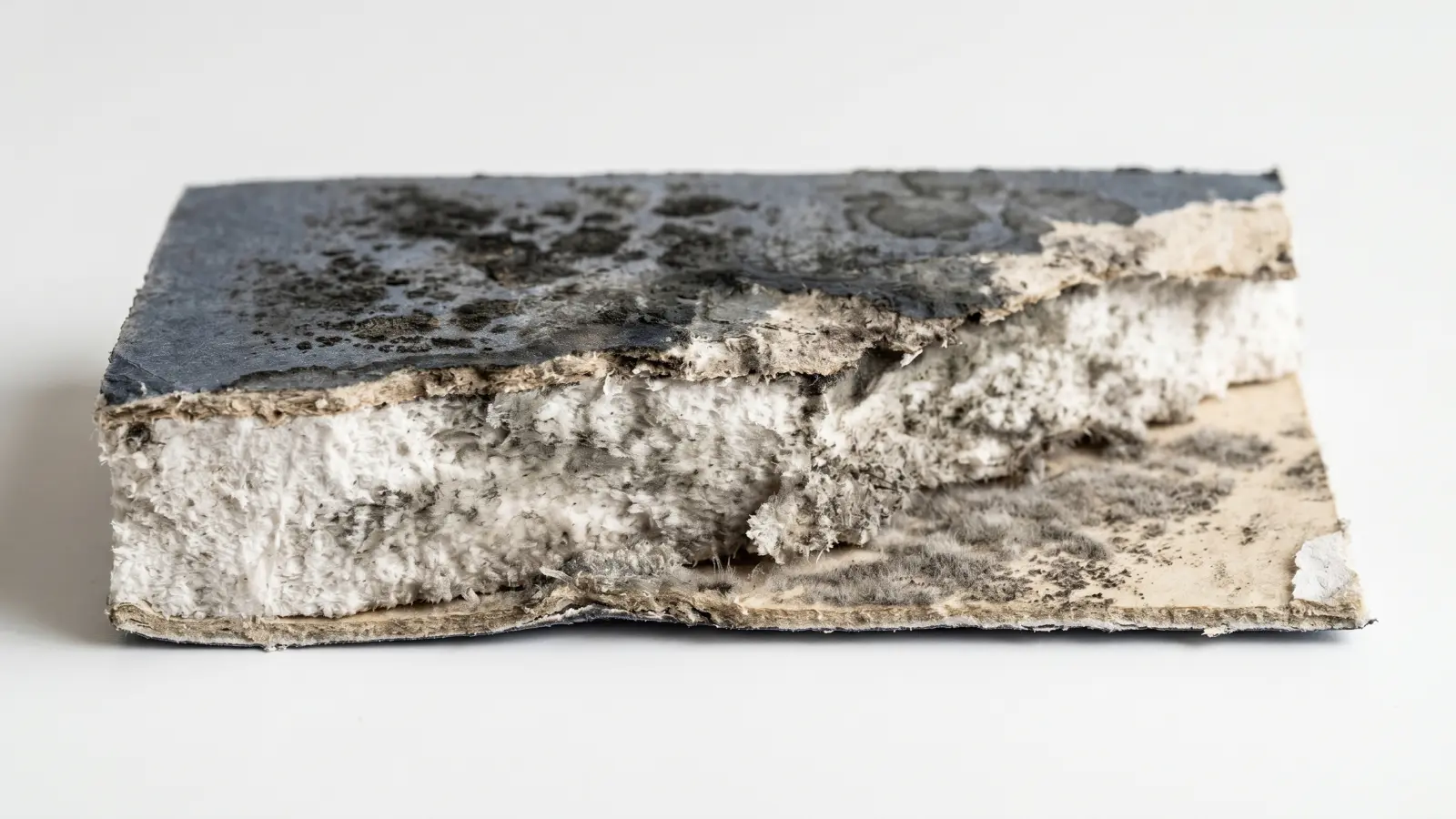 Cross-section of mold-damaged drywall panel showing all three penetration stages: face paper colonization, saturated gypsum core, and back paper mold growth